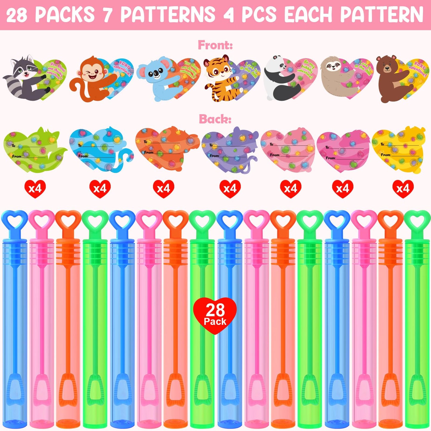LEASEN Valentines Bubble Wands with Animal Cards — 28 Pack for Kids