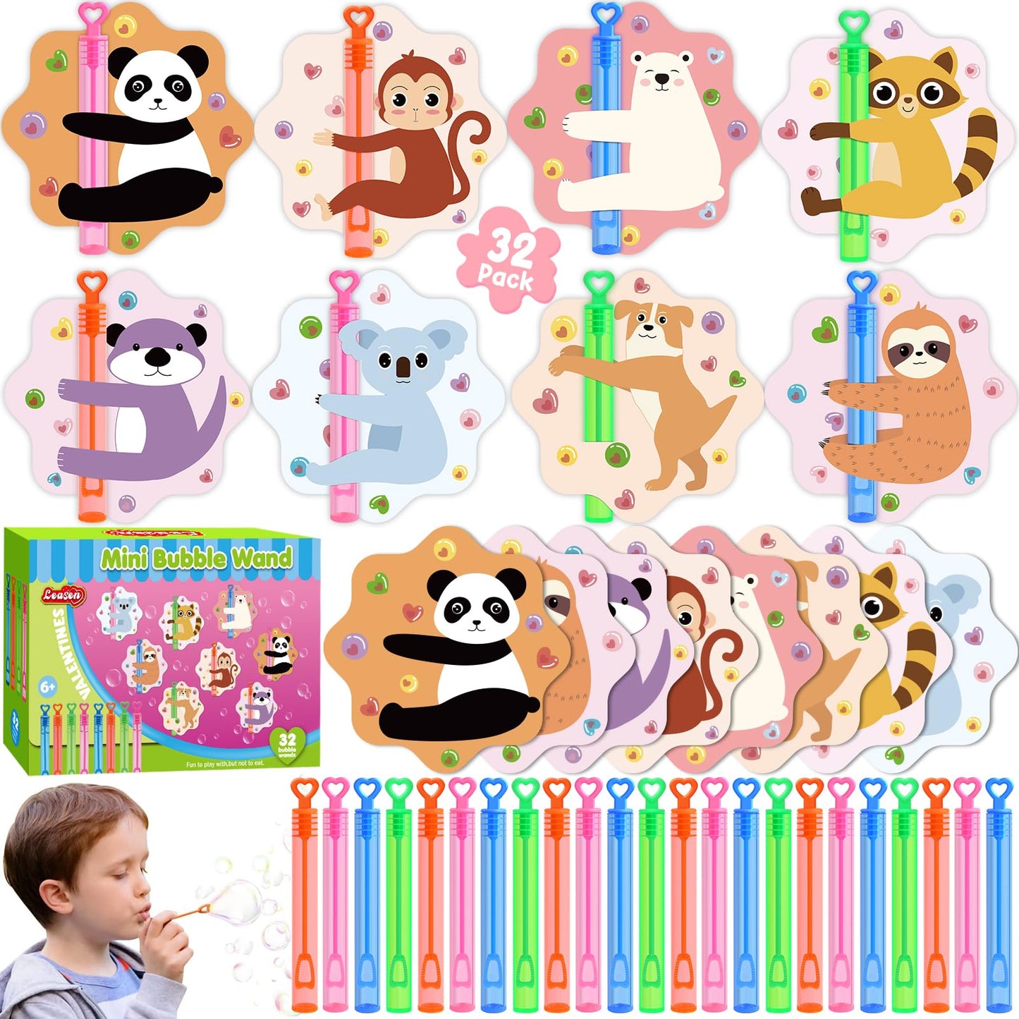 LEASEN Valentines Day Gifts for Kids: 32 Pack Mini Bubble Wands with Animal Cards for Classroom Exchanges