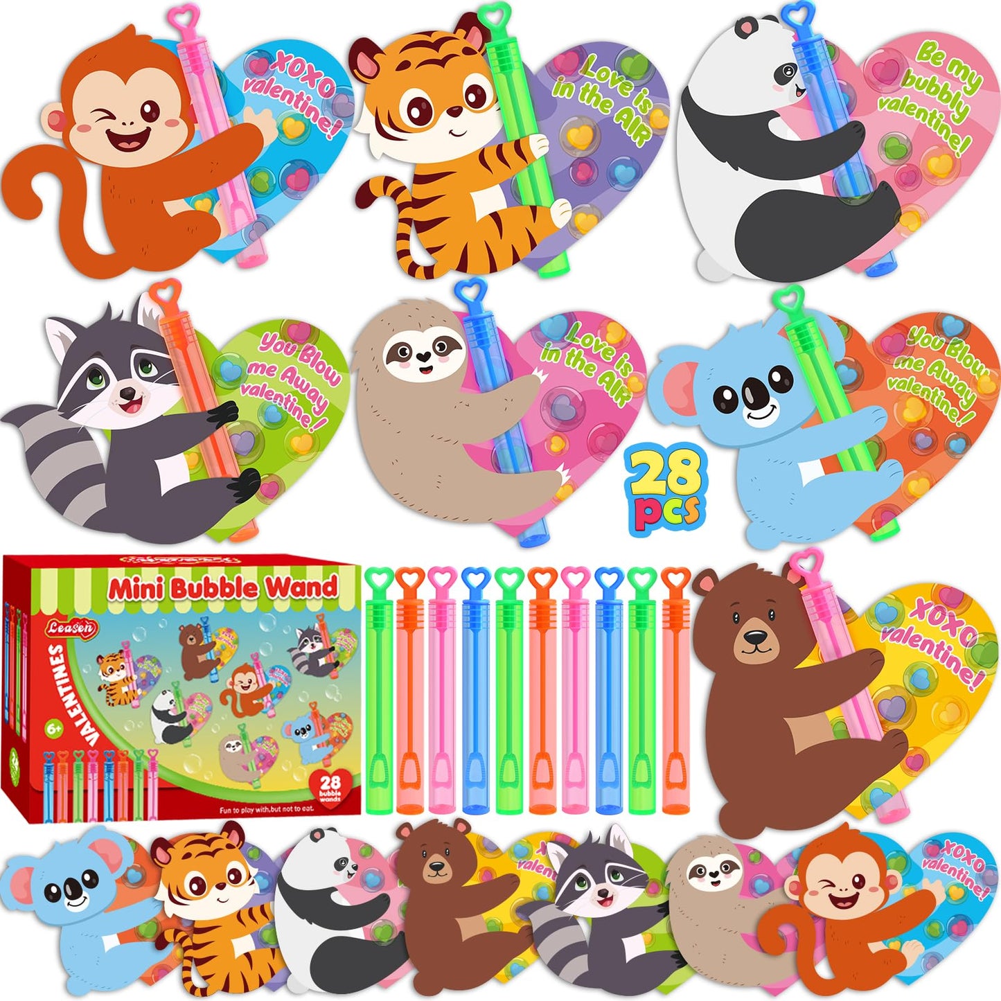LEASEN Valentines Bubble Wands with Animal Cards — 28 Pack for Kids