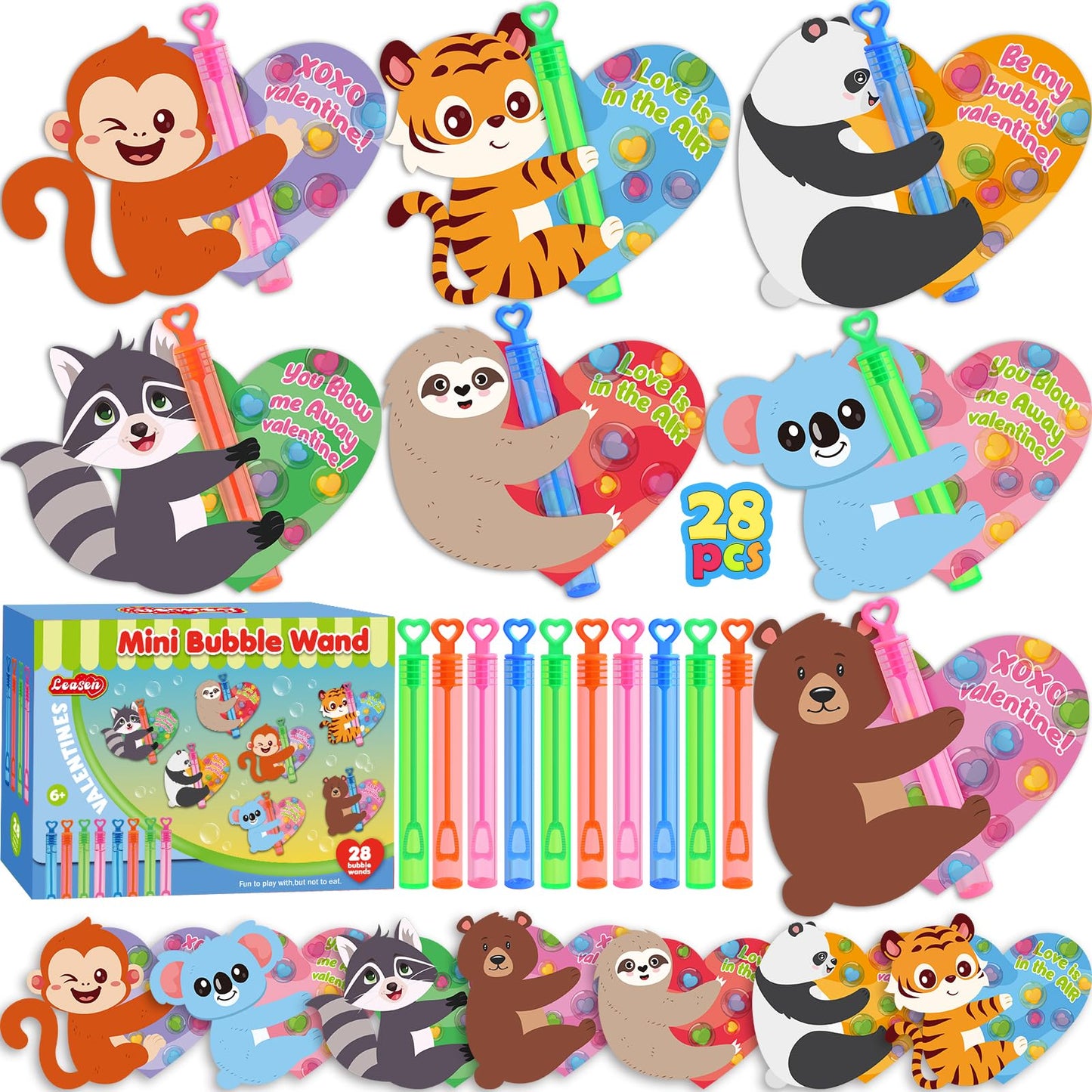 LEASEN Valentines Day Gifts for Kids – 28 Mini Bubble Wands & Animal Cards Gift Set