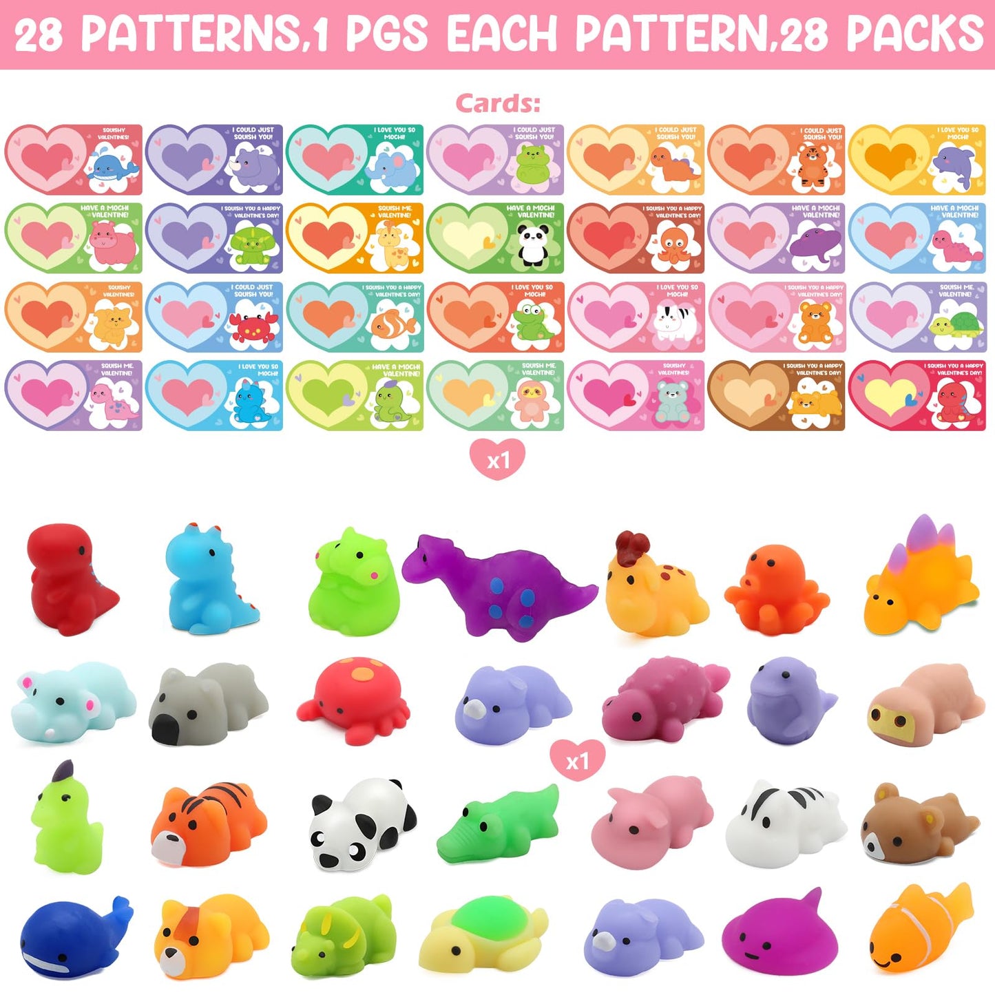 LEASEN 28-Pack Valentines Day Gifts for Kids: Mochi Squishies & Animal Greeting Cards