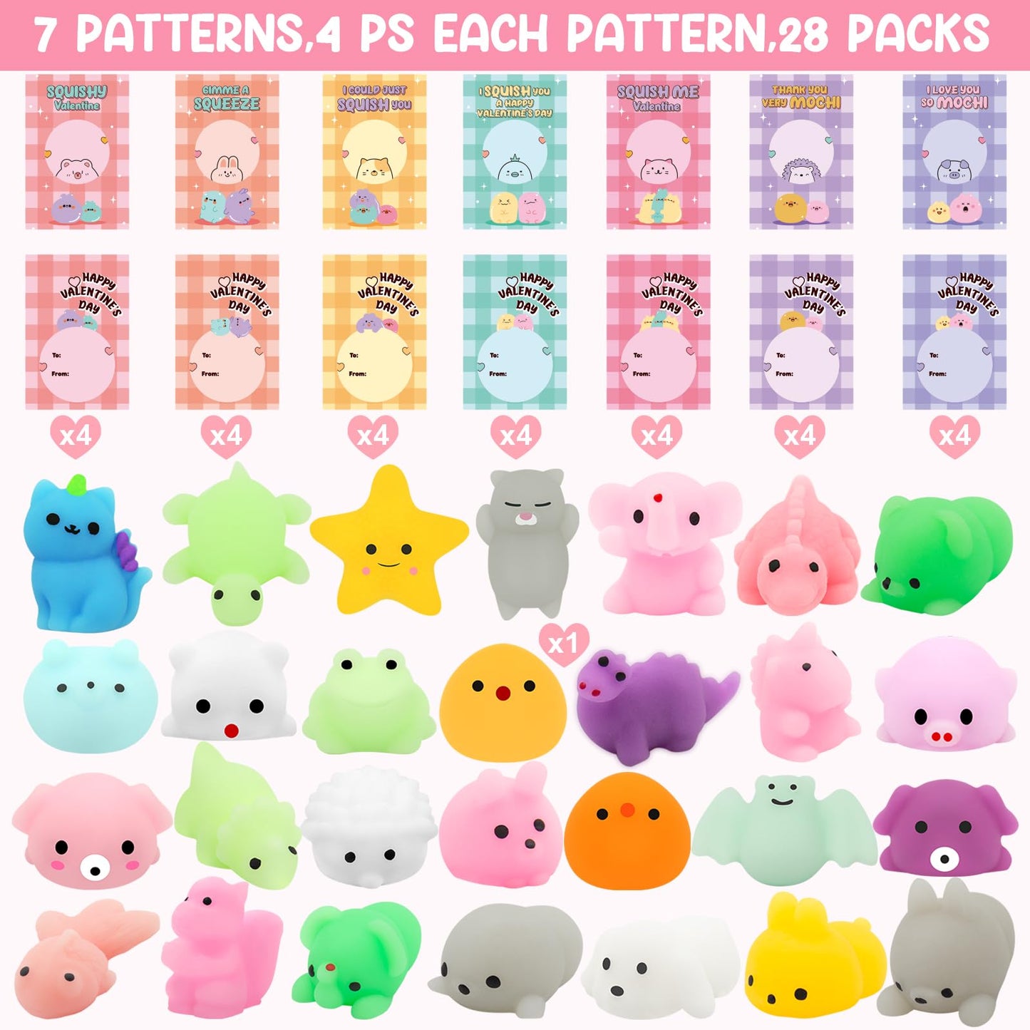 LEASEN 28-Pack Valentines Day Gifts for Kids – Mochi Squishies & Cards Set | Classroom Party Favors