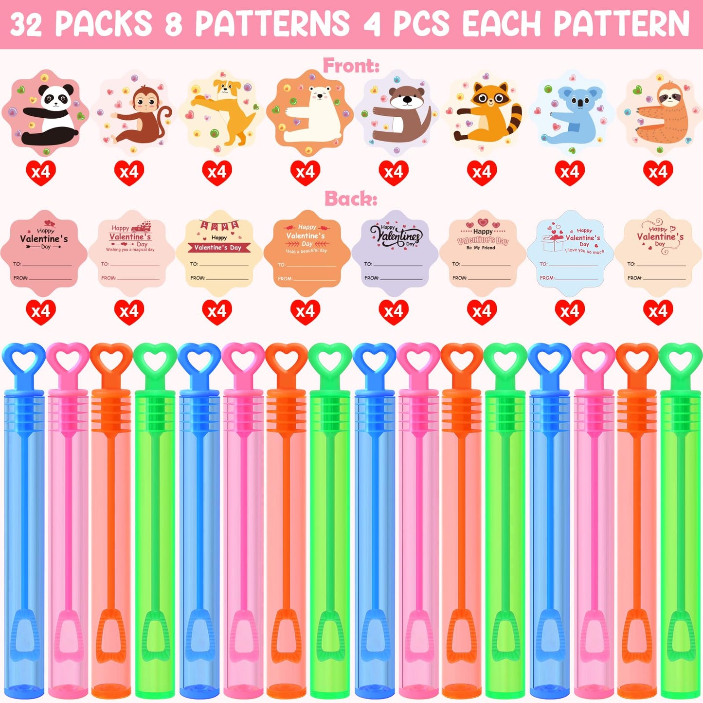 LEASEN 32-Pack Mini Bubble Wands with Greeting Cards – Animal Valentines for Kids