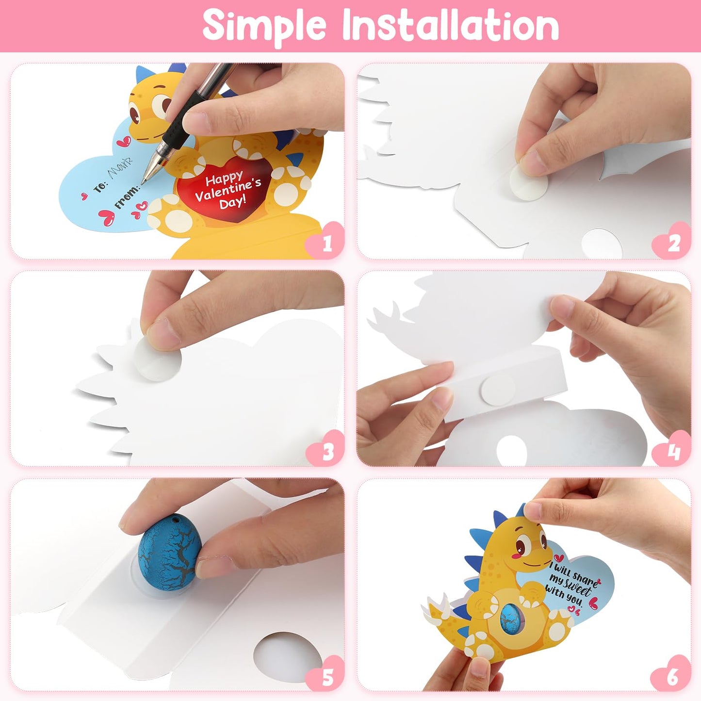 LEASEN 24-Pack Valentines Day Gifts for Kids - Dinosaur Egg and 3D Card Set