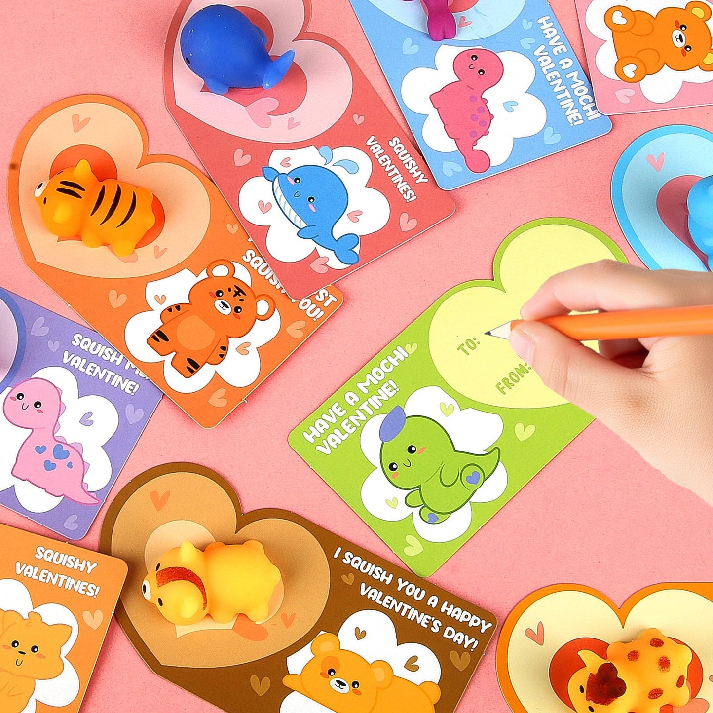 LEASEN 28-Pack Valentines Day Gifts for Kids: Mochi Squishies & Animal Greeting Cards