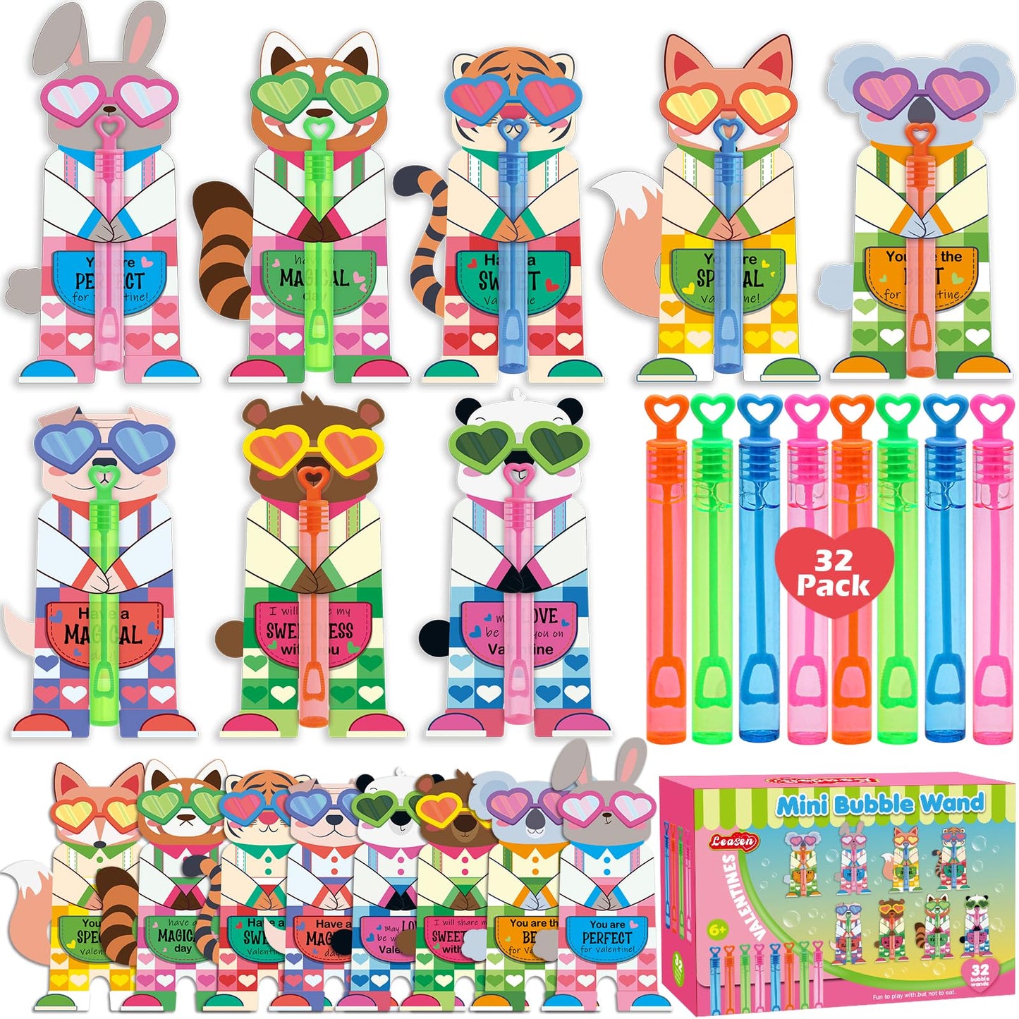 LEASEN Valentines Day Gifts for Kids – 32 Mini Bubble Wands with Animal Cards