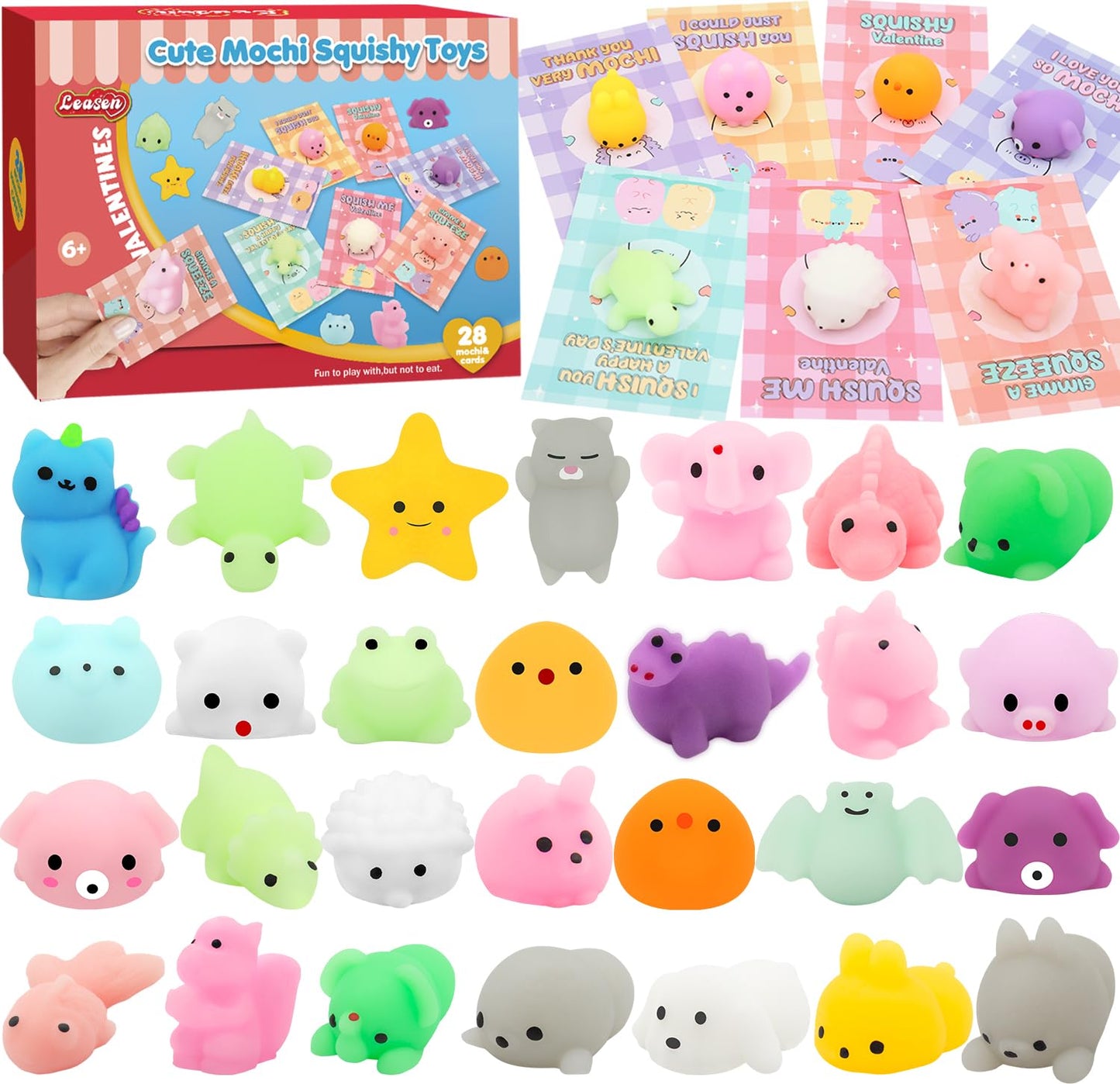 LEASEN 28-Pack Valentines Day Gifts for Kids – Mochi Squishies & Cards Set | Classroom Party Favors