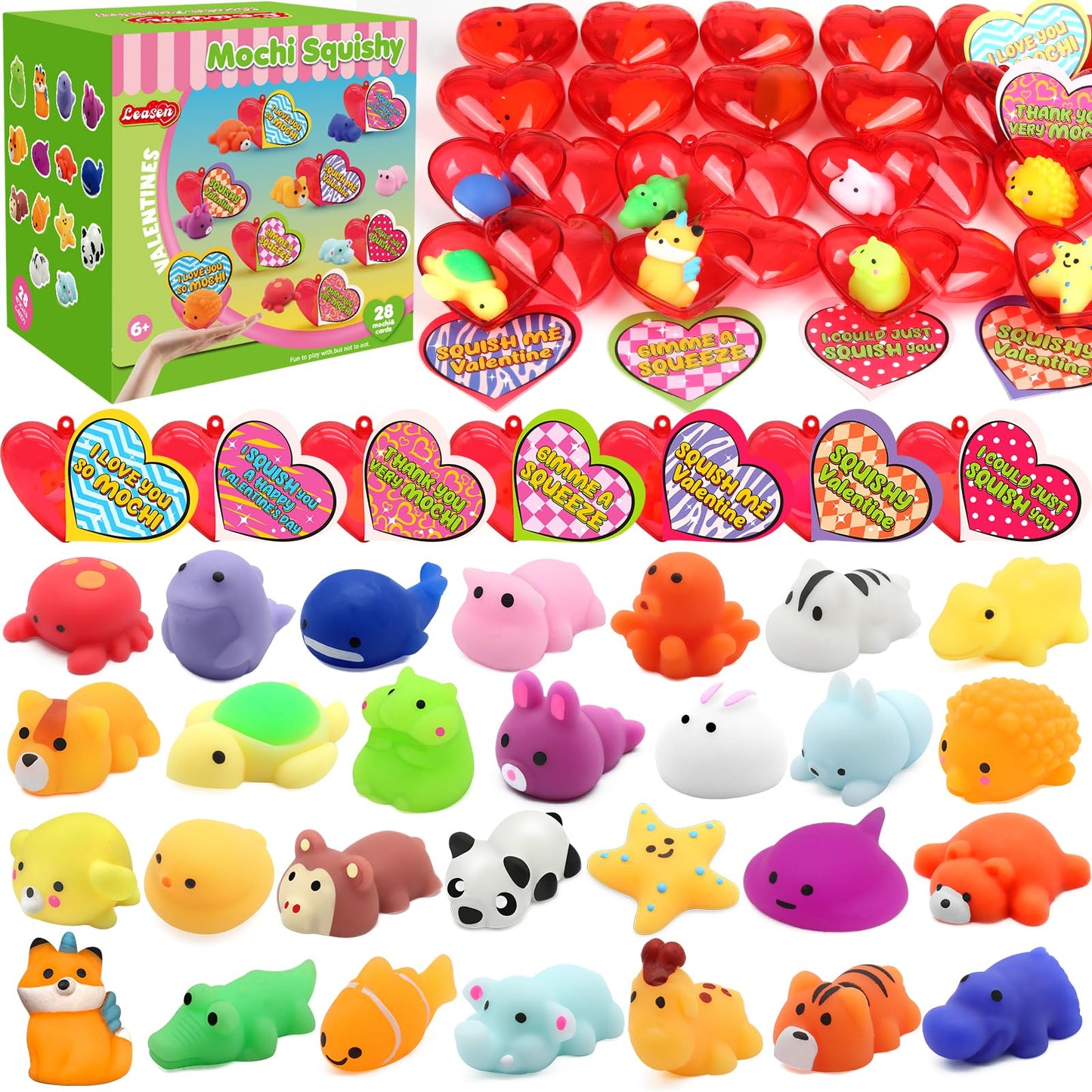 LEASEN 28-Pack Valentines Mochi Squishies & Cards for Kids