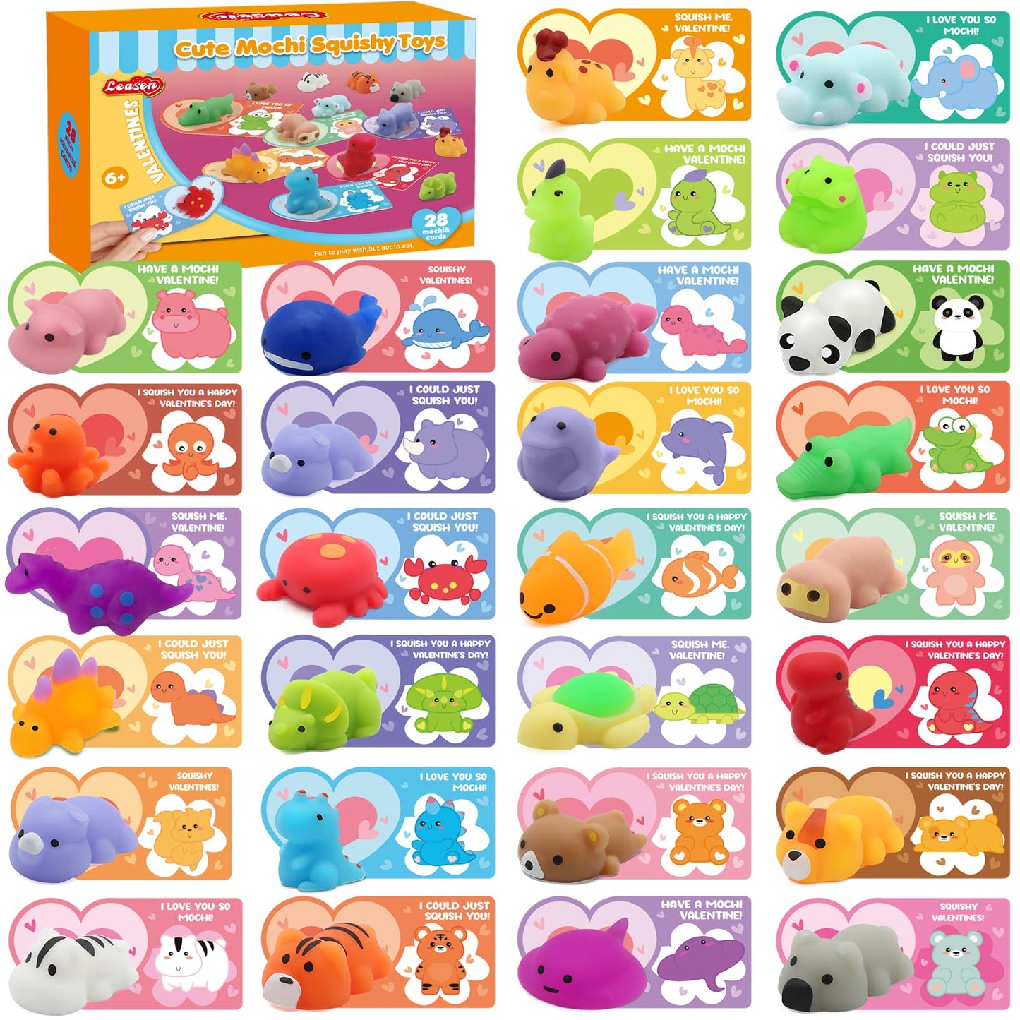 LEASEN 28-Pack Valentines Day Gifts for Kids: Mochi Squishies & Animal Greeting Cards