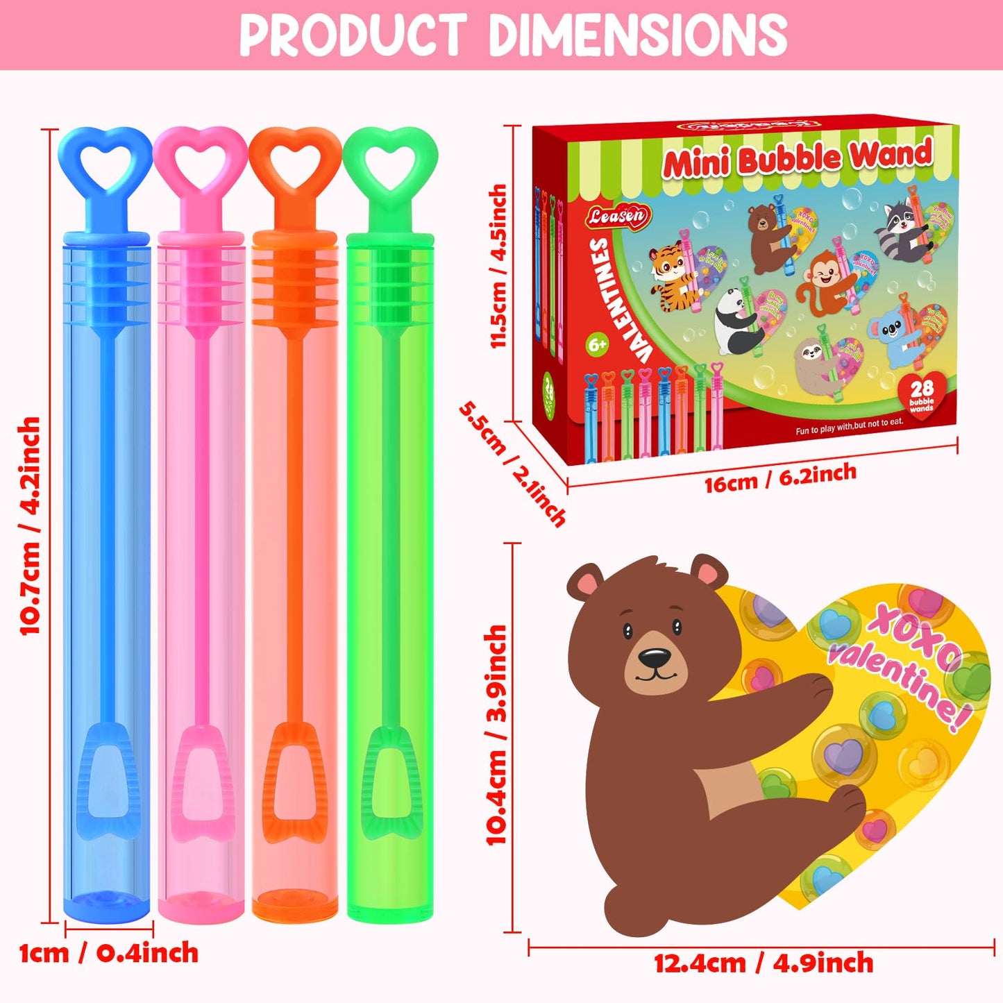 LEASEN Valentines Bubble Wands with Animal Cards — 28 Pack for Kids