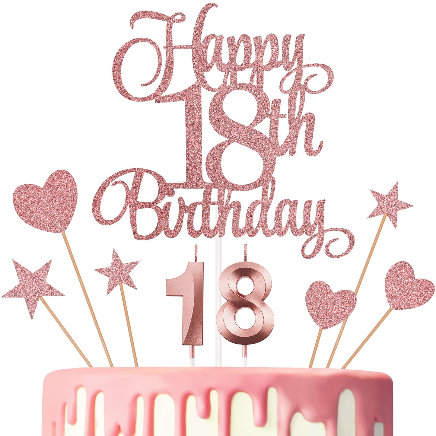 Lecferrarc 18th Birthday Cake Decorations – Glitter Happy 18th Birthday Toppers & Numeral Candles Set (Rose Gold)