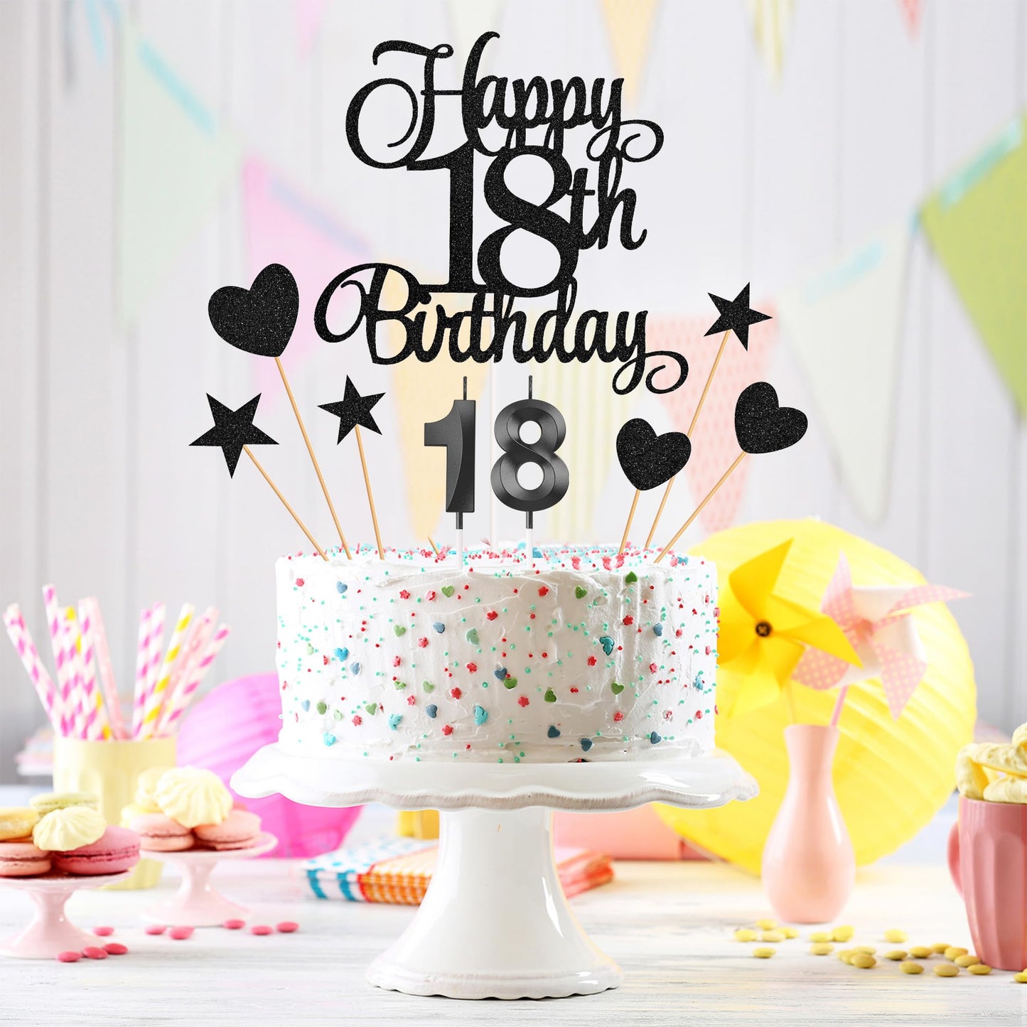 Lecferrarc 18th Birthday Cake Decorations — Glitter Topper & Numeral Candles (Black)