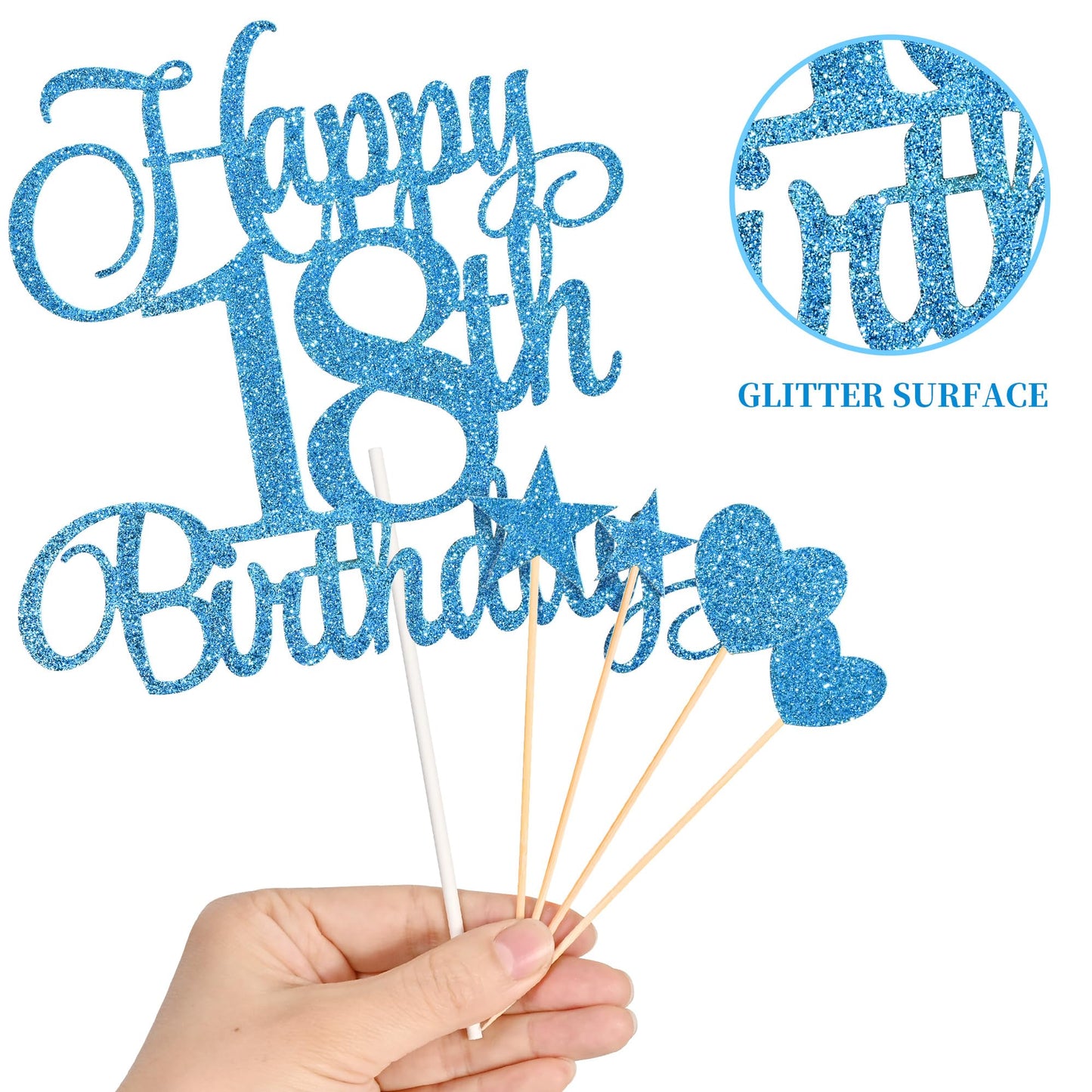 Lecferrarc 18th Birthday Cake Decorations – Glitter Candles & Toppers Set (Blue)