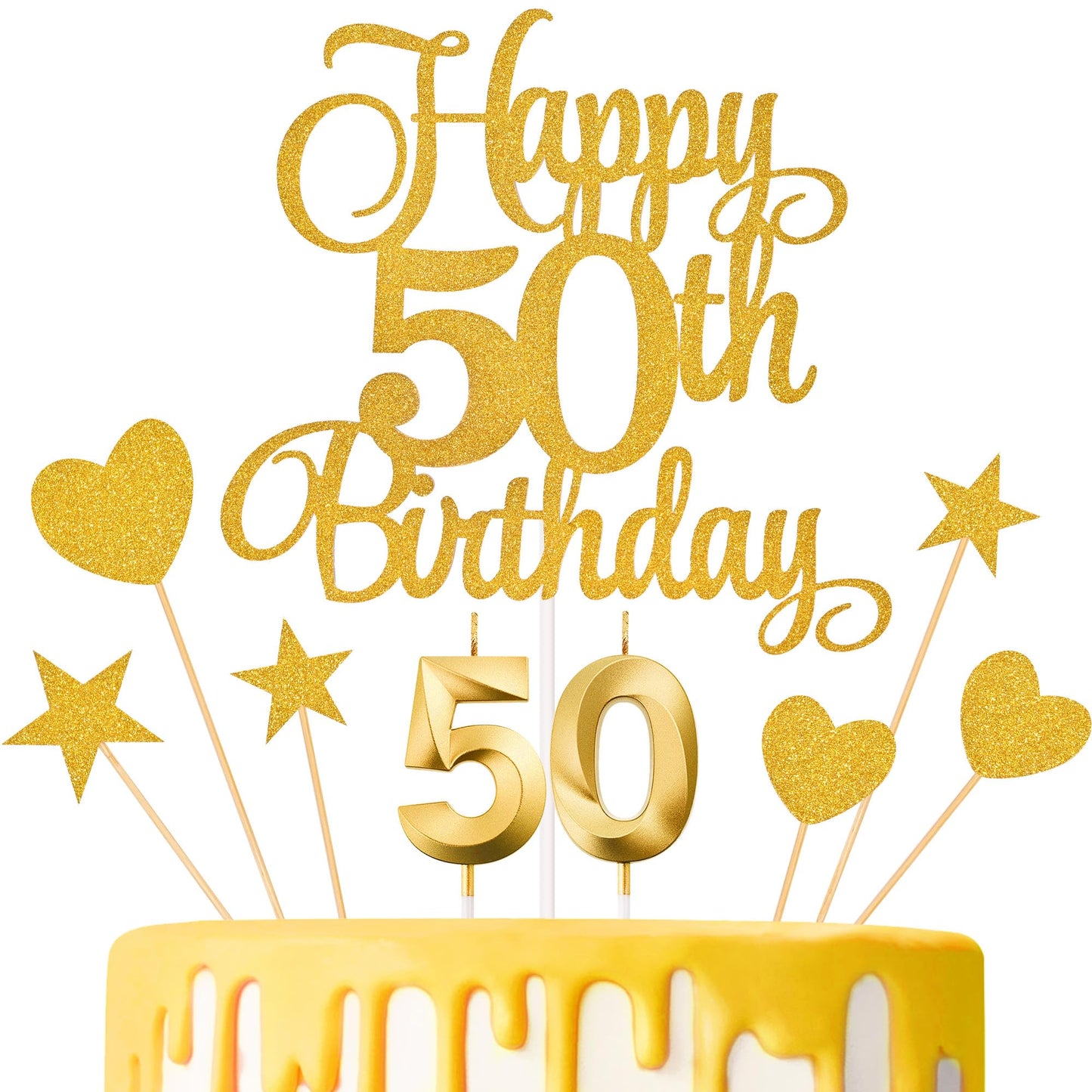 Lecferrarc 50th Birthday Cake Decorations – Glitter Happy 50th Toppers & Numeral Candles (Gold)