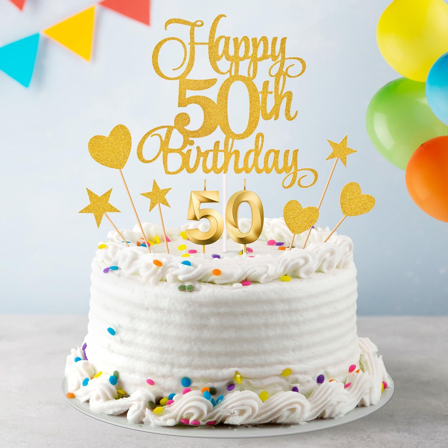 Lecferrarc 50th Birthday Cake Decorations – Glitter Happy 50th Toppers & Numeral Candles (Gold)