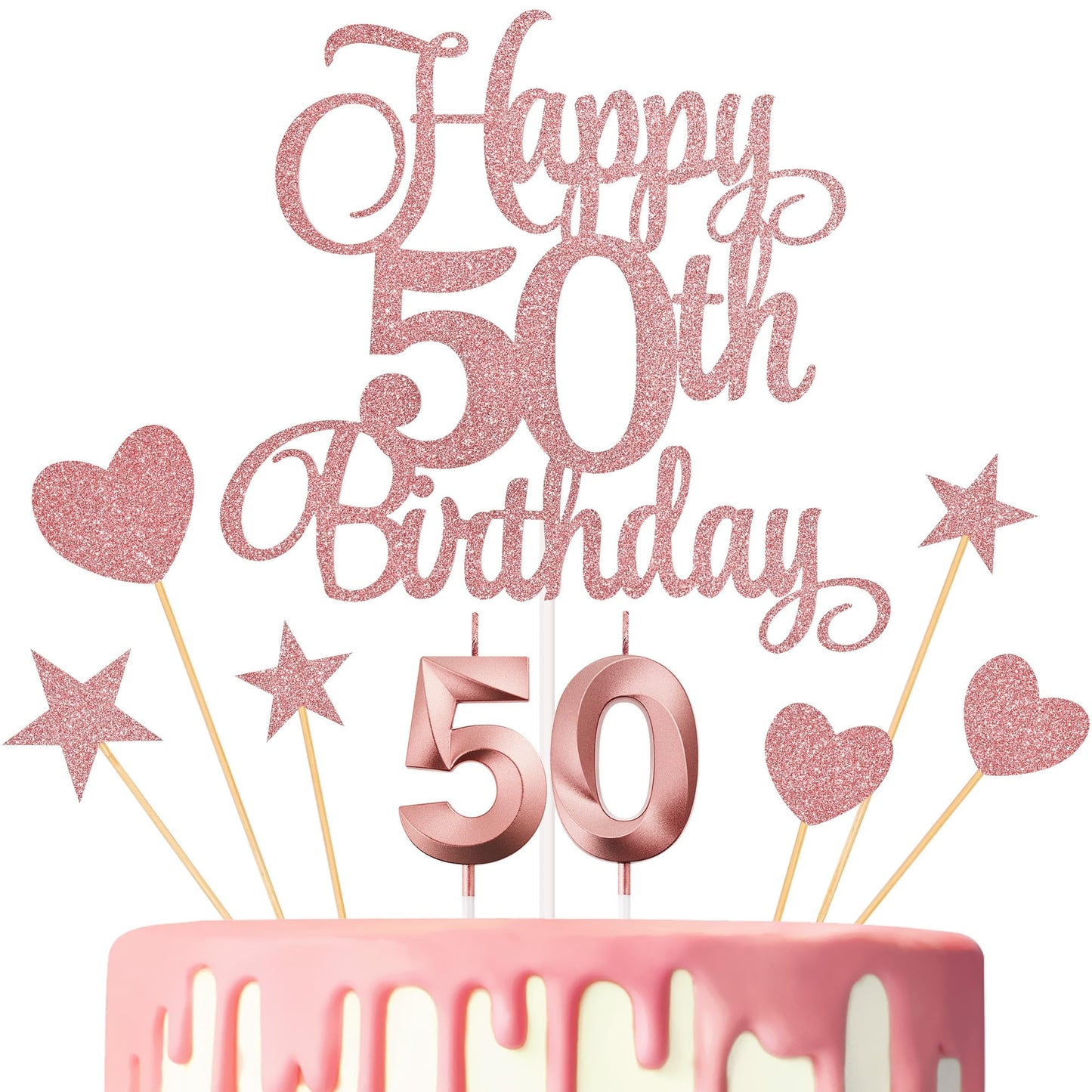 Lecferrarc 50th Birthday Cake Decorations – Glitter Rose Gold Toppers, Numeral Candles & Party Set