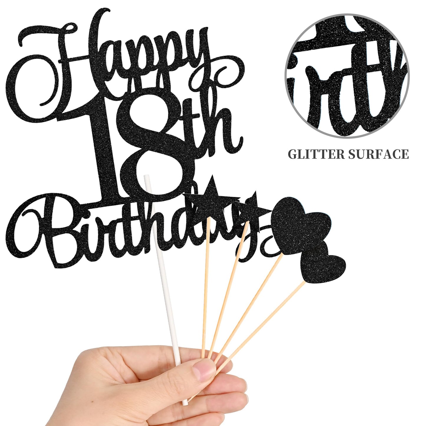 Lecferrarc 18th Birthday Cake Decorations — Glitter Topper & Numeral Candles (Black)