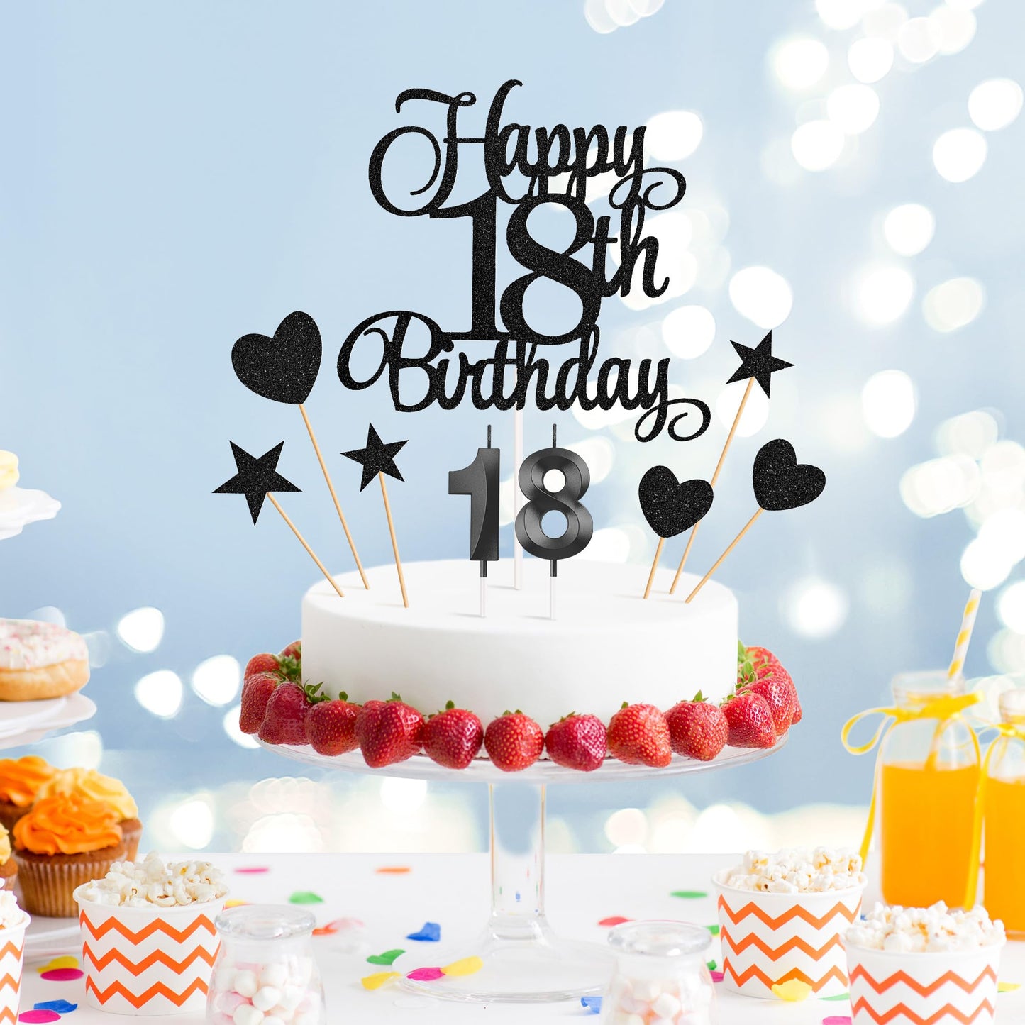 Lecferrarc 18th Birthday Cake Decorations — Glitter Topper & Numeral Candles (Black)
