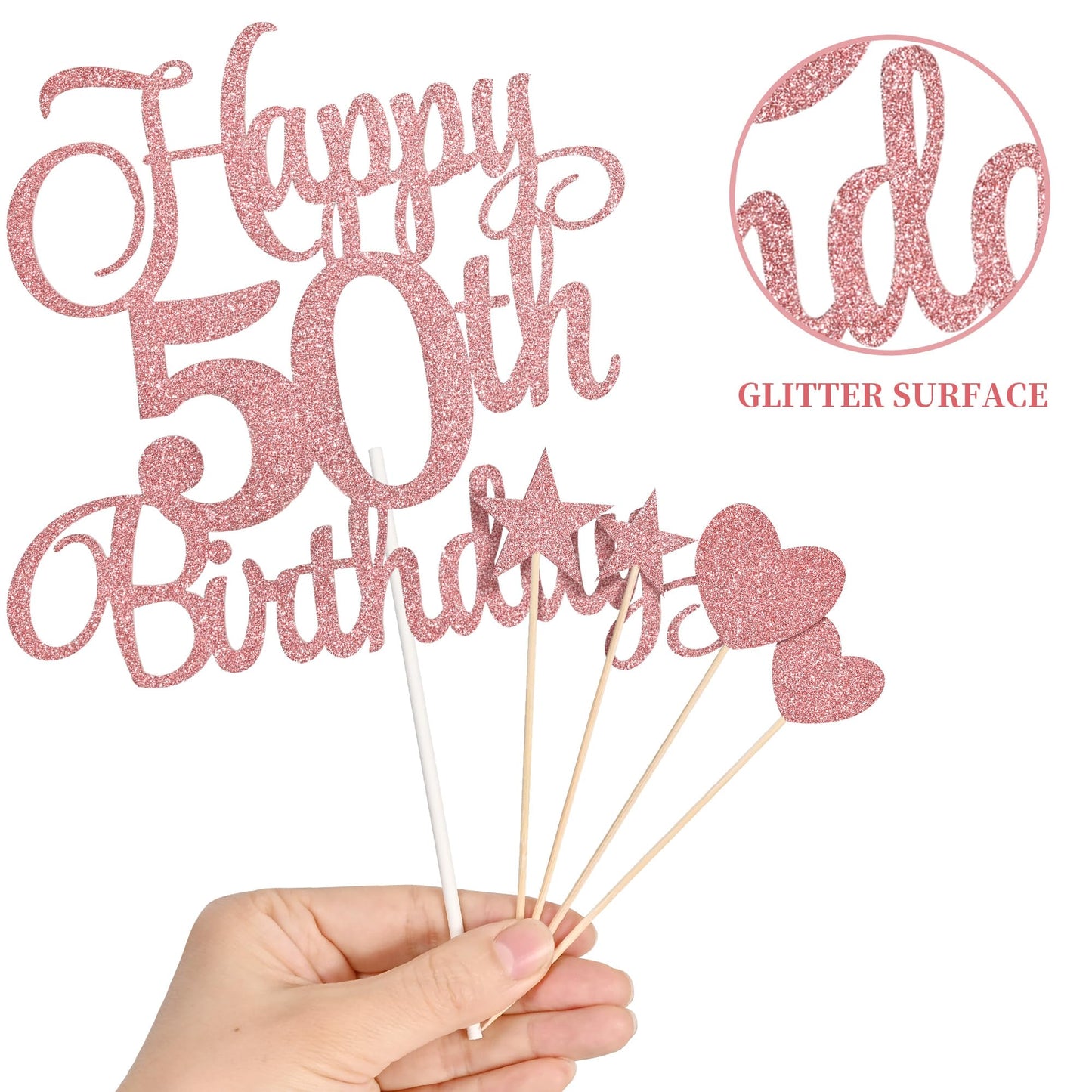 Lecferrarc 50th Birthday Cake Decorations – Glitter Rose Gold Toppers, Numeral Candles & Party Set