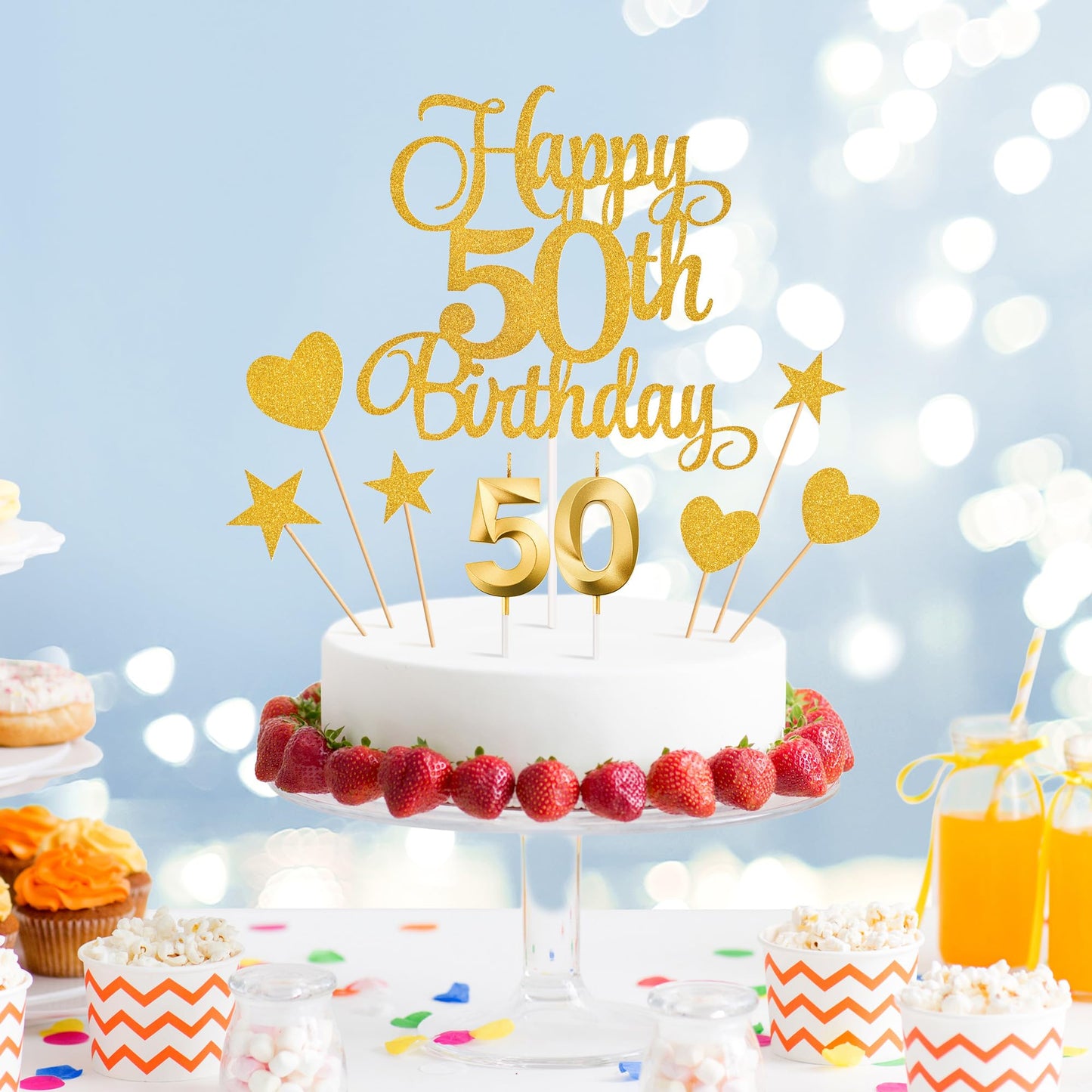 Lecferrarc 50th Birthday Cake Decorations – Glitter Happy 50th Toppers & Numeral Candles (Gold)