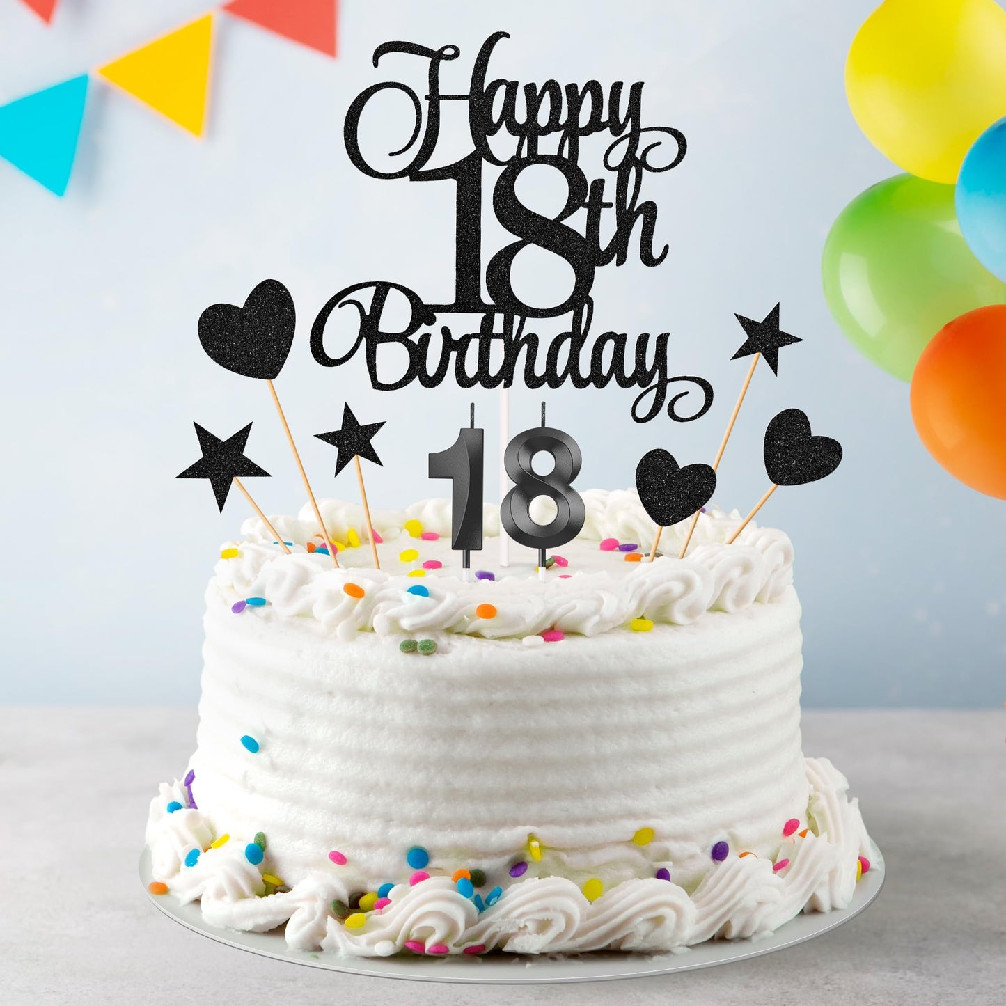 Lecferrarc 18th Birthday Cake Decorations — Glitter Topper & Numeral Candles (Black)