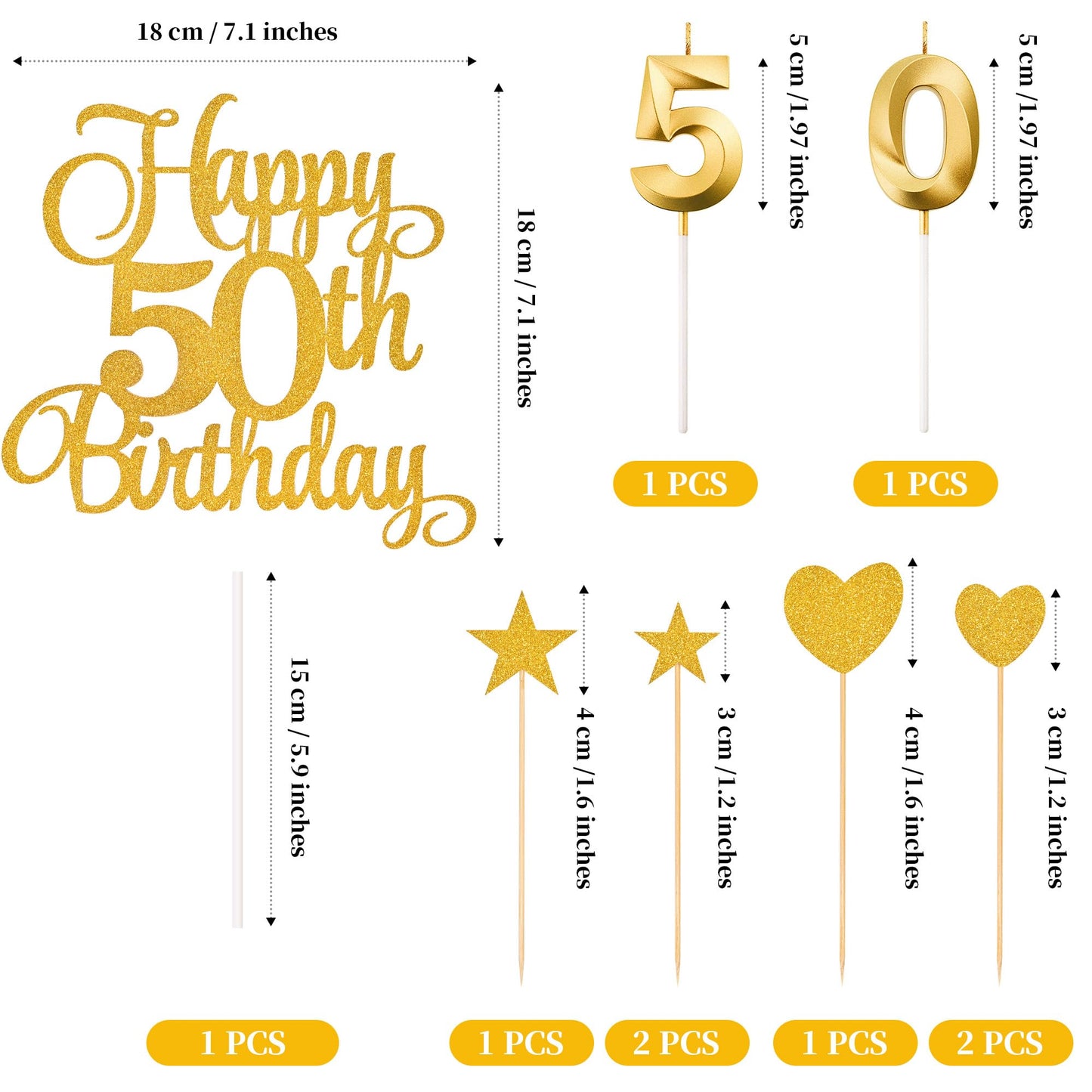 Lecferrarc 50th Birthday Cake Decorations – Glitter Happy 50th Toppers & Numeral Candles (Gold)