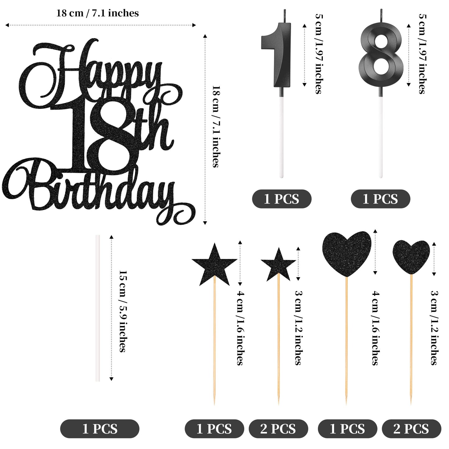 Lecferrarc 18th Birthday Cake Decorations — Glitter Topper & Numeral Candles (Black)