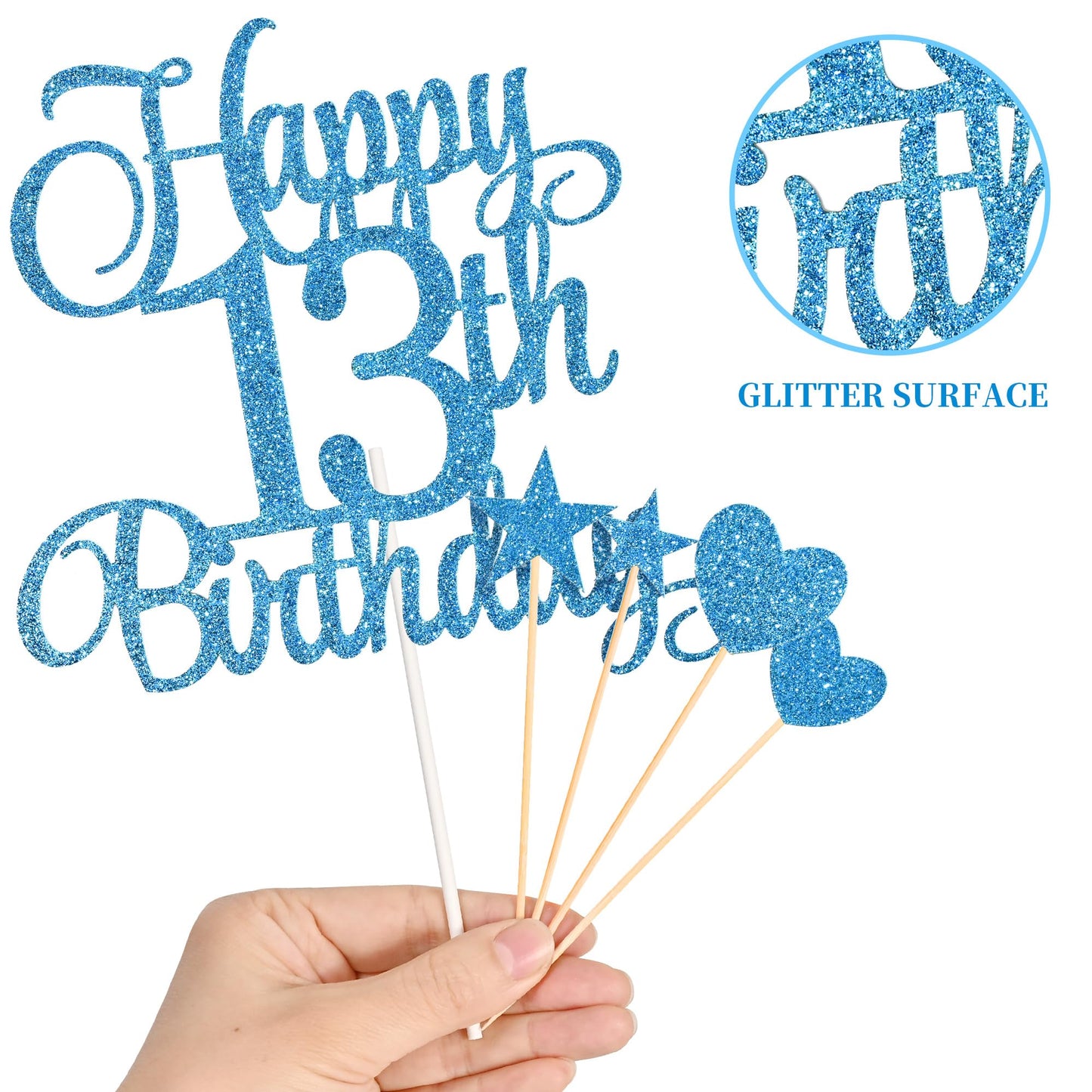 Lecferrarc 13th Birthday Cake Decorations – Glitter Topper Set with Numeral Candles (Blue)