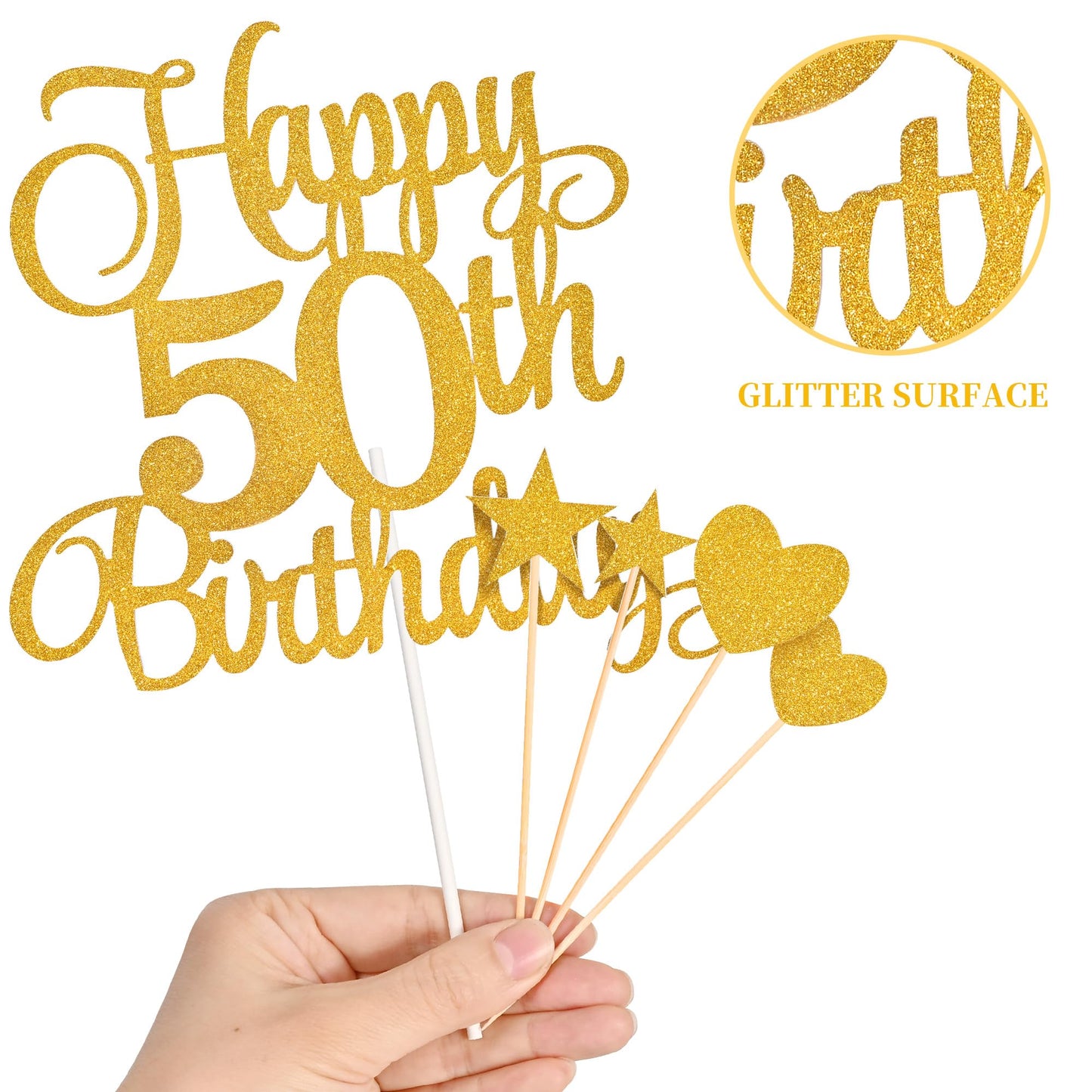 Lecferrarc 50th Birthday Cake Decorations – Glitter Happy 50th Toppers & Numeral Candles (Gold)
