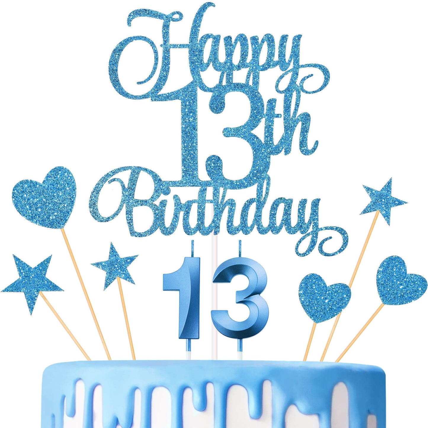Lecferrarc 13th Birthday Cake Decorations – Glitter Topper Set with Numeral Candles (Blue)