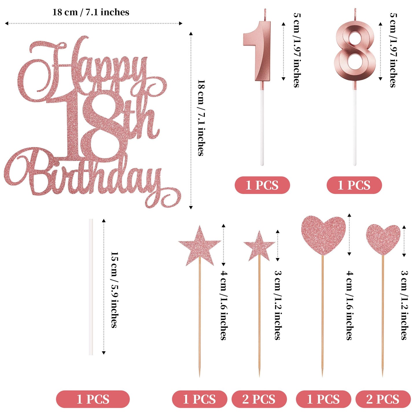 Lecferrarc 18th Birthday Cake Decorations – Glitter Happy 18th Birthday Toppers & Numeral Candles Set (Rose Gold)