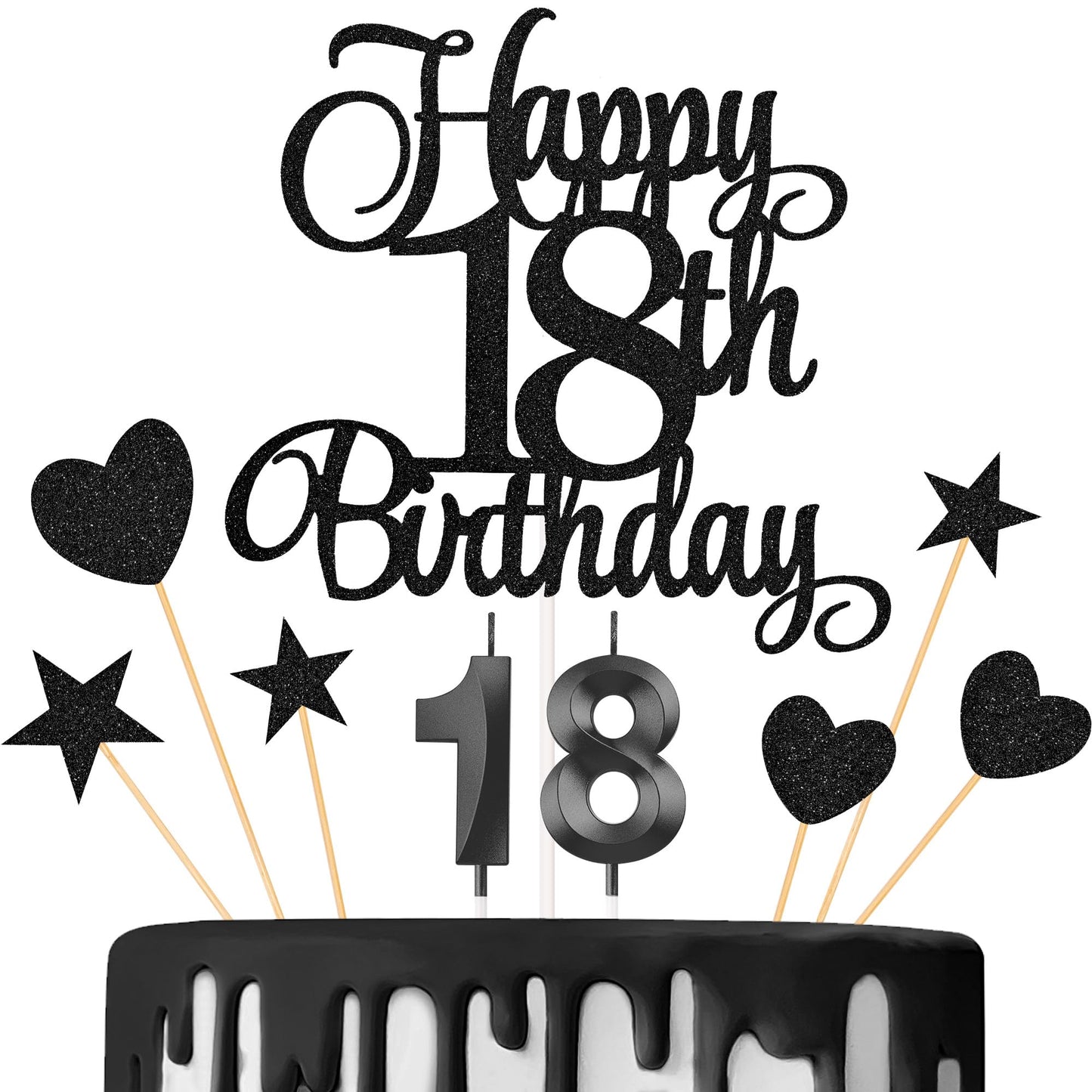 Lecferrarc 18th Birthday Cake Decorations — Glitter Topper & Numeral Candles (Black)