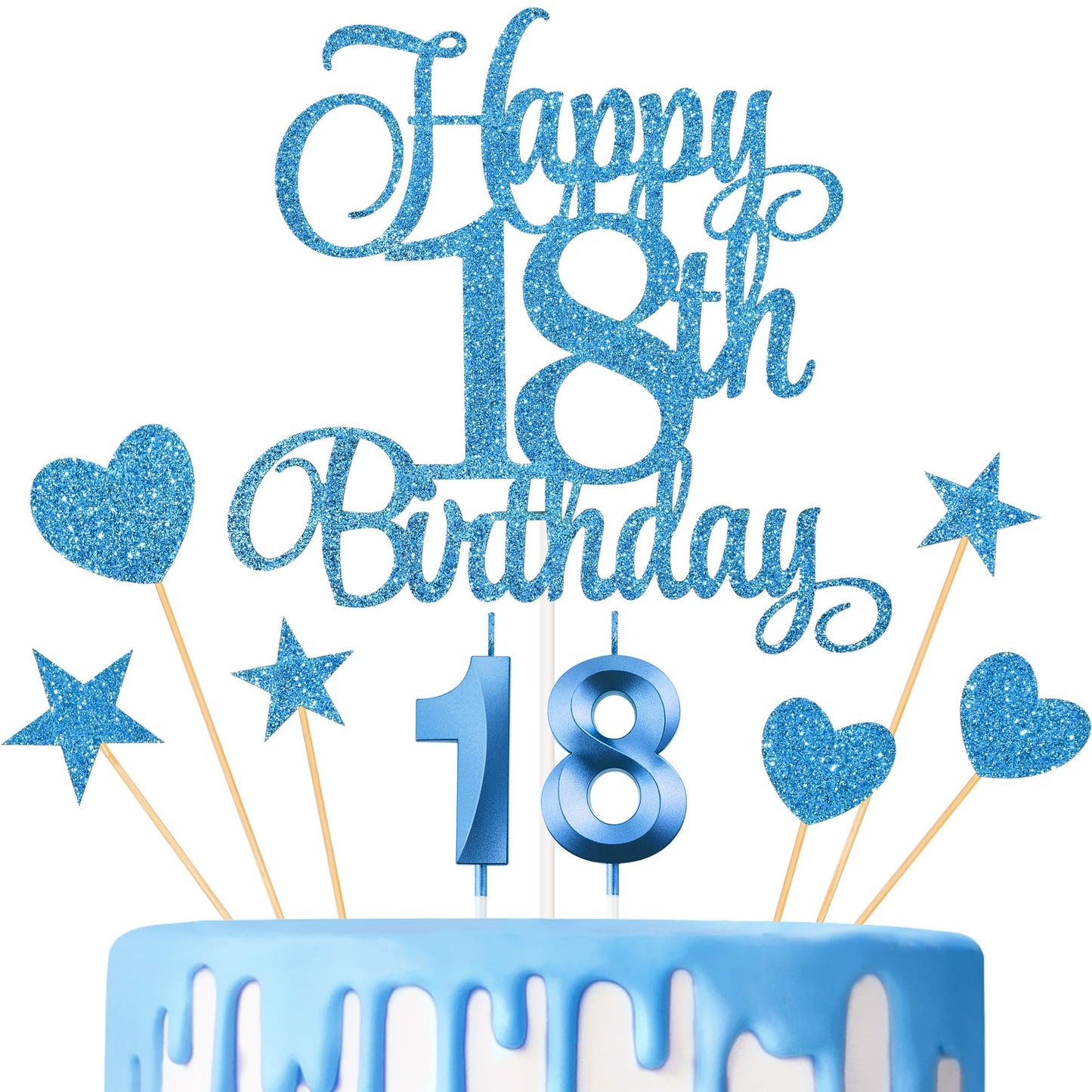 Lecferrarc 18th Birthday Cake Decorations – Glitter Candles & Toppers Set (Blue)