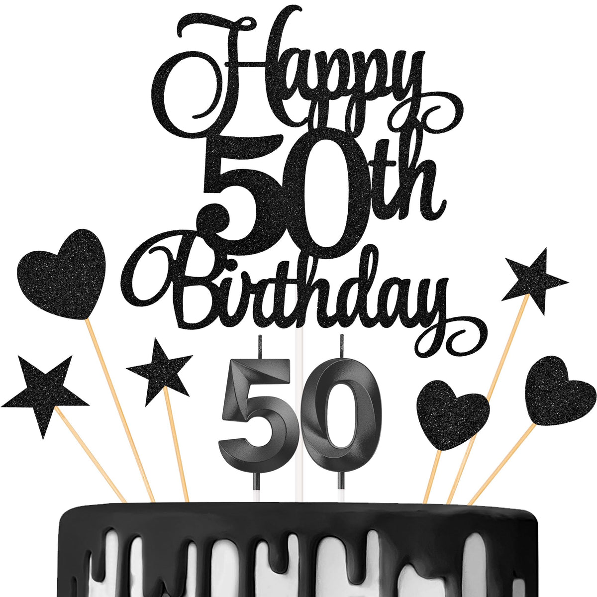 Lecferrarc 50th Birthday Cake Decorations Glitter Toppers and Numeral Candles Set Black