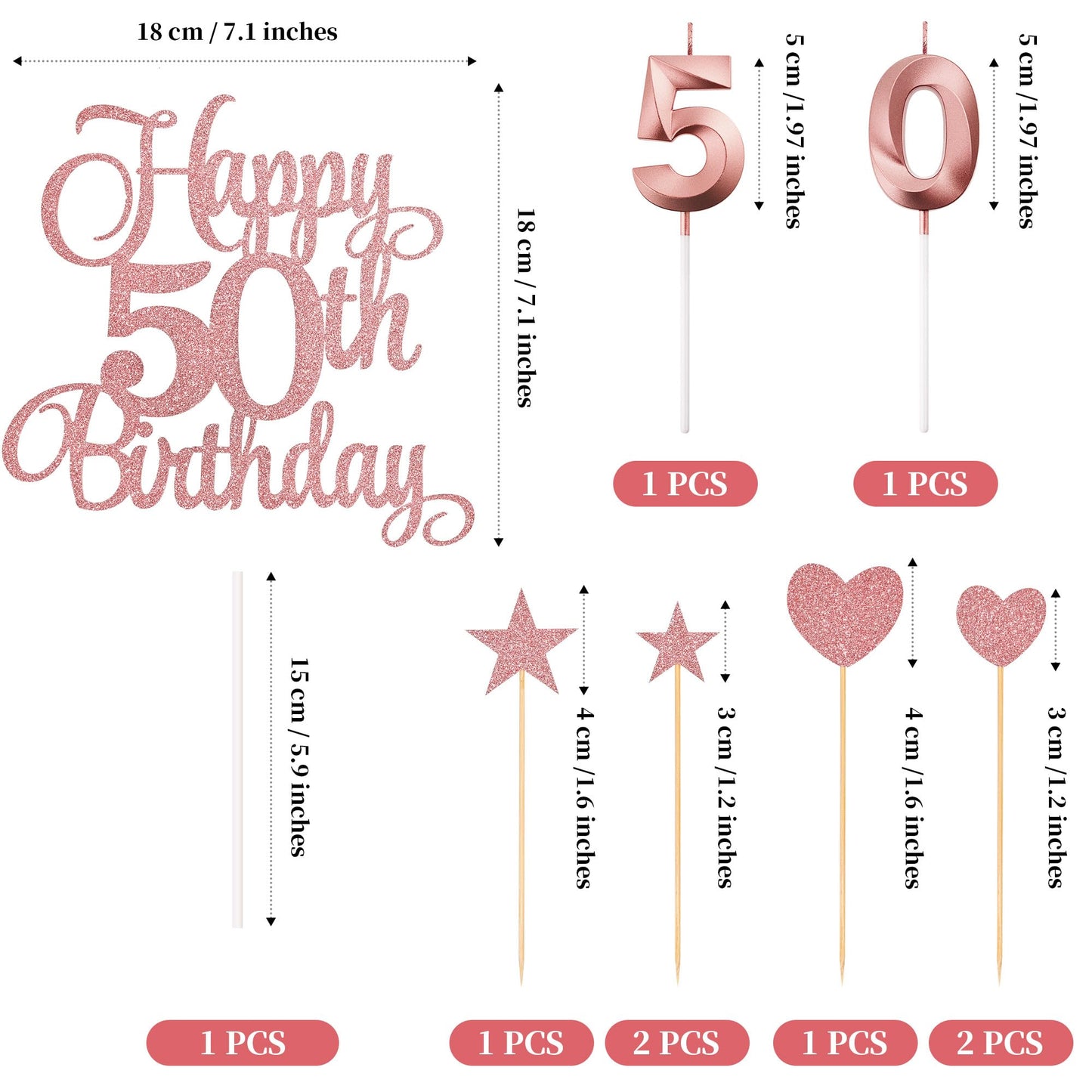 Lecferrarc 50th Birthday Cake Decorations – Glitter Rose Gold Toppers, Numeral Candles & Party Set