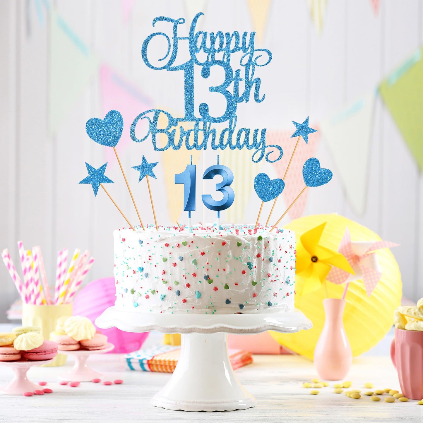 Lecferrarc 13th Birthday Cake Decorations – Glitter Topper Set with Numeral Candles (Blue)
