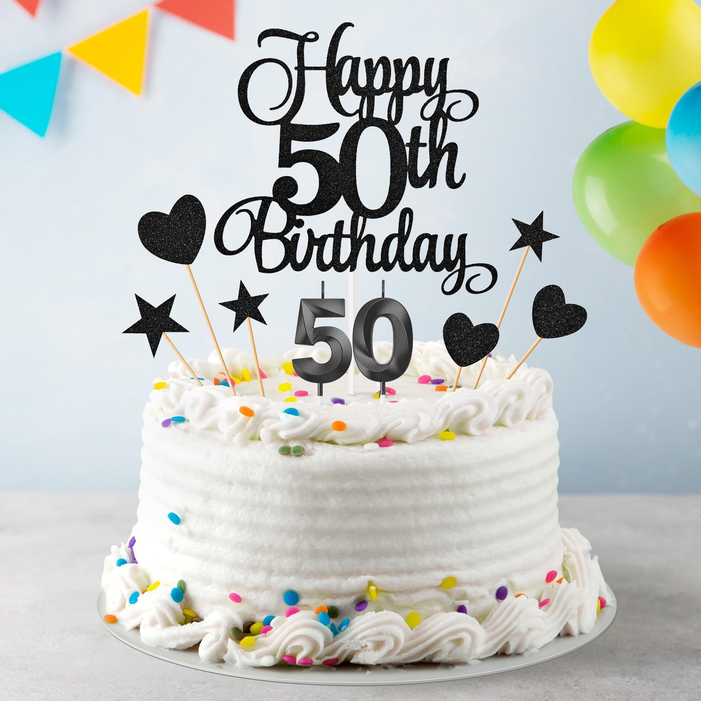 Lecferrarc 50th Birthday Cake Decorations Glitter Toppers and Numeral Candles Set Black