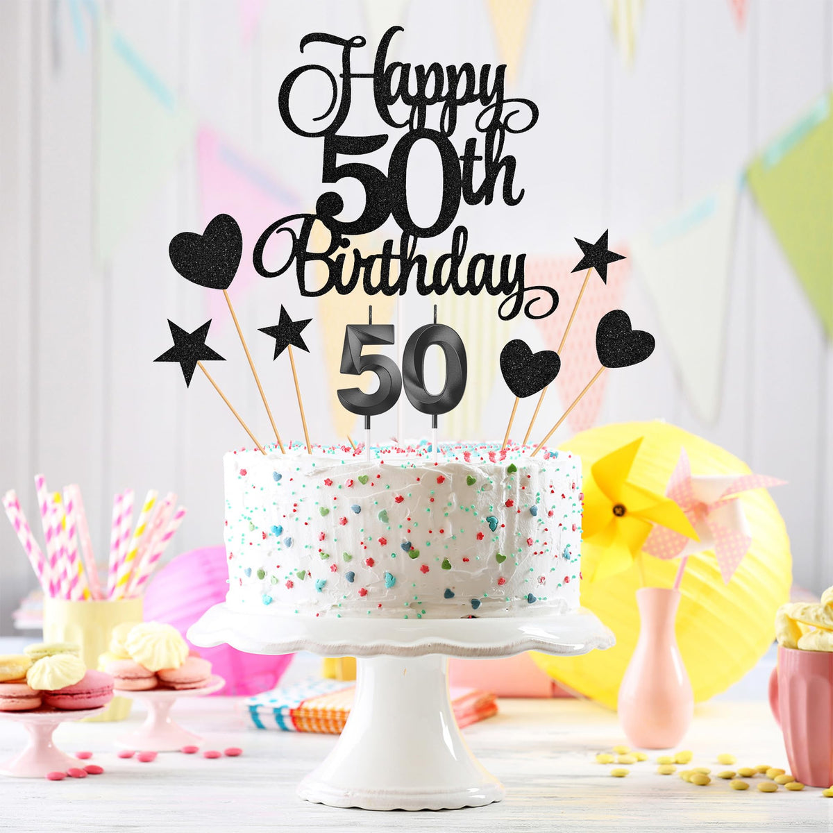 Lecferrarc 50th Birthday Cake Decorations Glitter Toppers and Numeral Candles Set Black