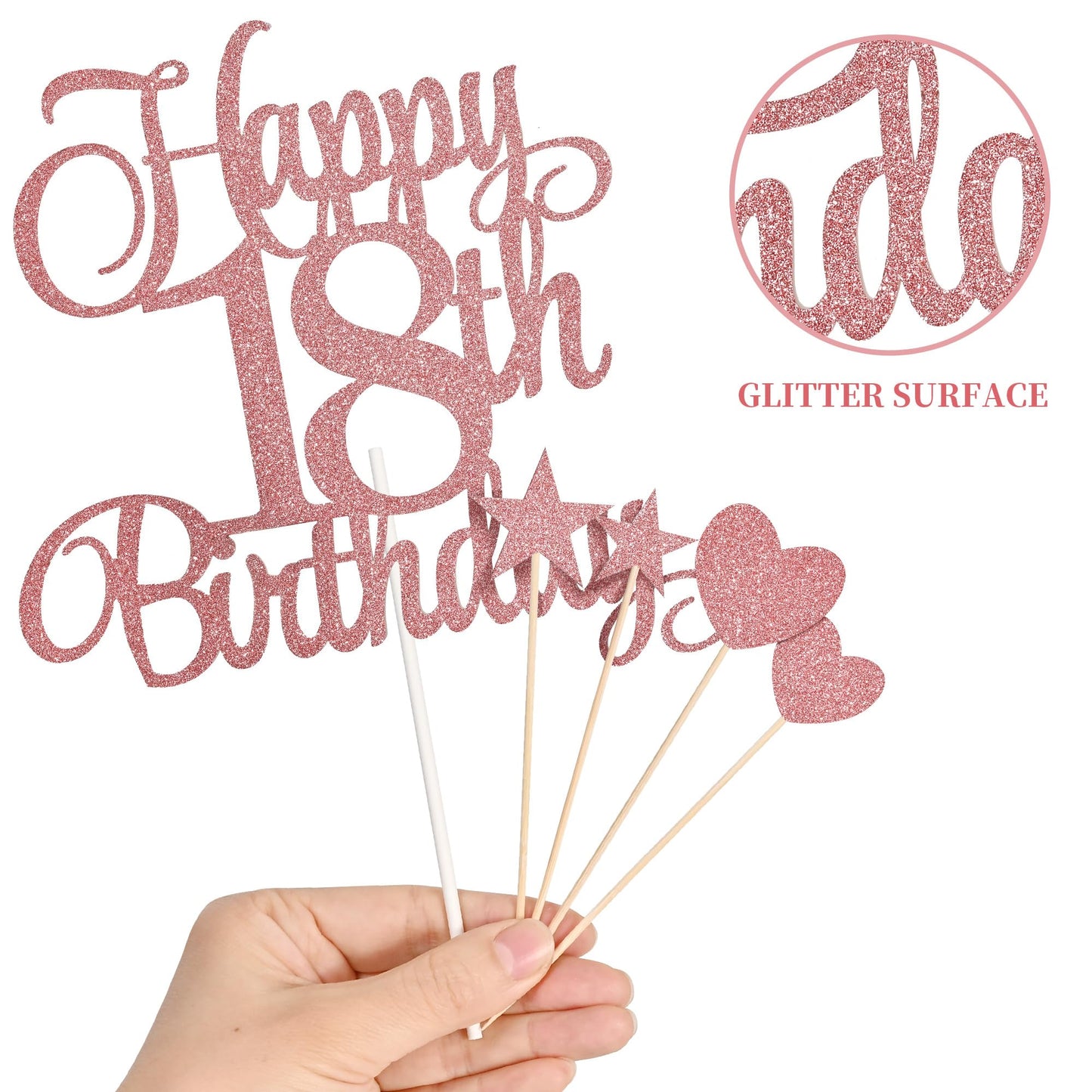 Lecferrarc 18th Birthday Cake Decorations – Glitter Happy 18th Birthday Toppers & Numeral Candles Set (Rose Gold)