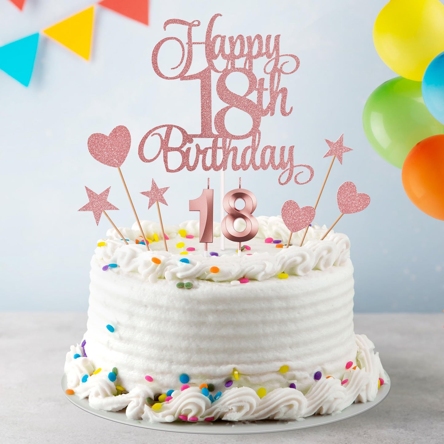 Lecferrarc 18th Birthday Cake Decorations – Glitter Happy 18th Birthday Toppers & Numeral Candles Set (Rose Gold)