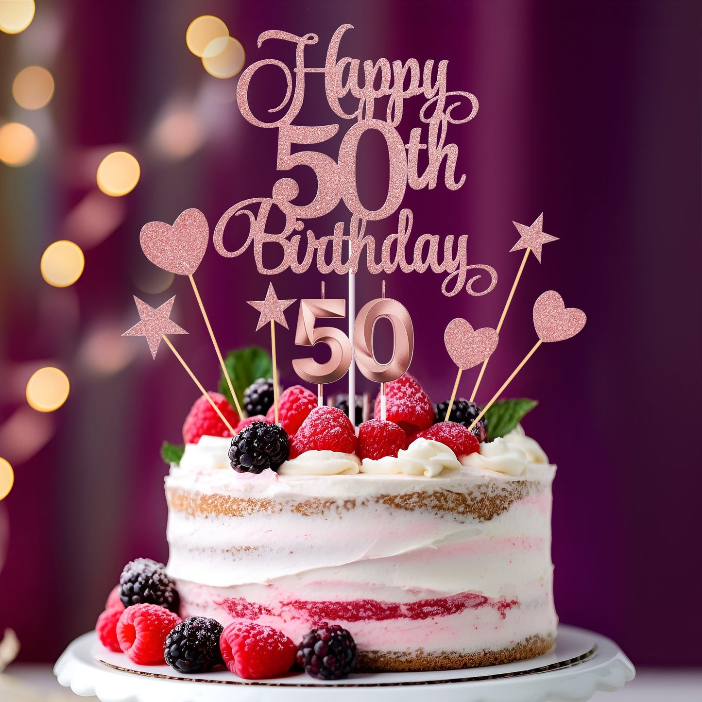 Lecferrarc 50th Birthday Cake Decorations – Glitter Rose Gold Toppers, Numeral Candles & Party Set