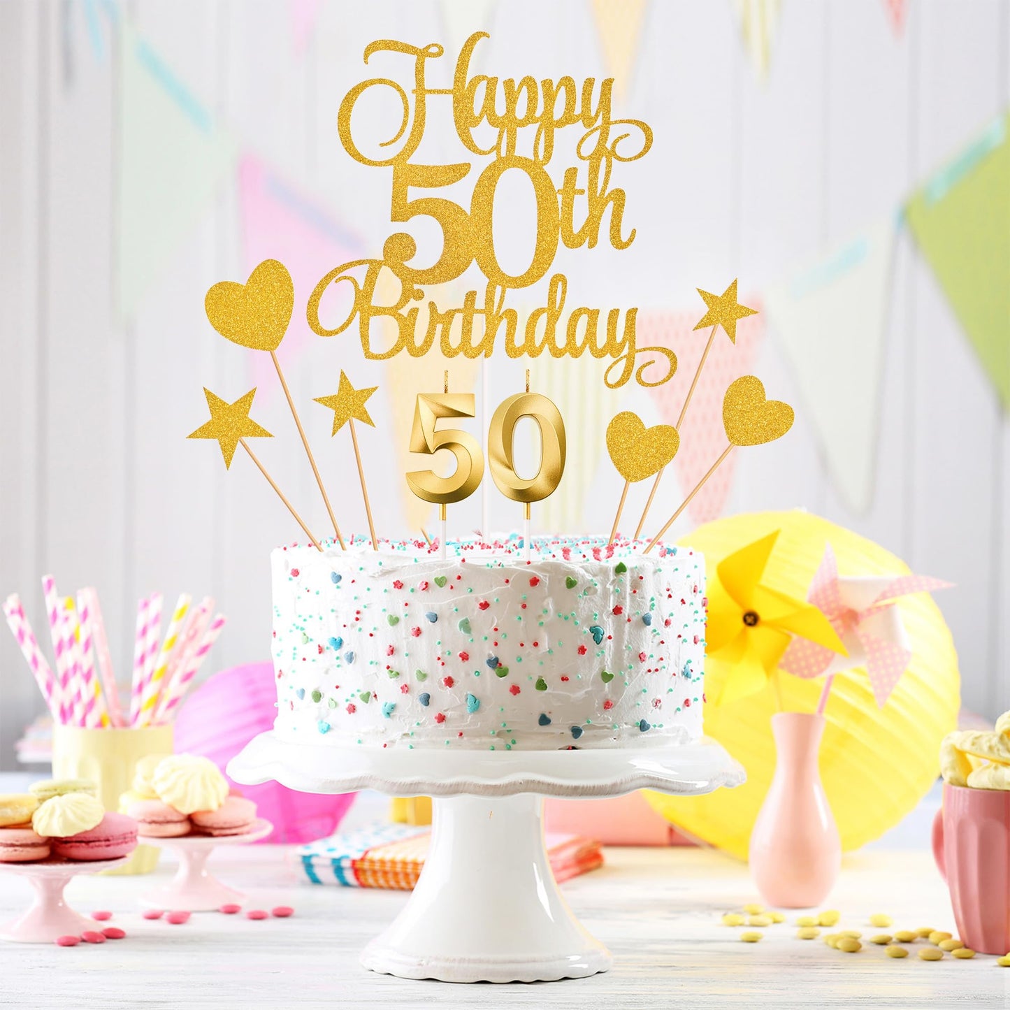 Lecferrarc 50th Birthday Cake Decorations – Glitter Happy 50th Toppers & Numeral Candles (Gold)
