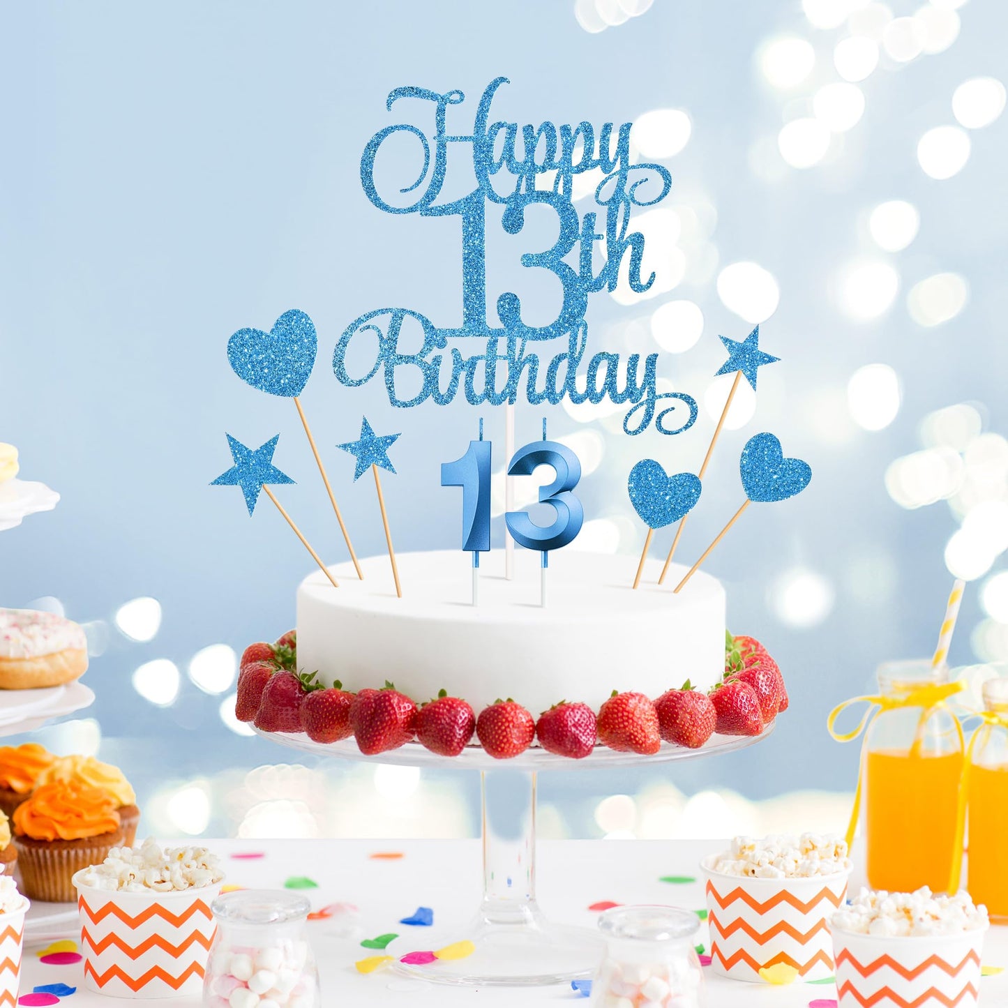 Lecferrarc 13th Birthday Cake Decorations – Glitter Topper Set with Numeral Candles (Blue)