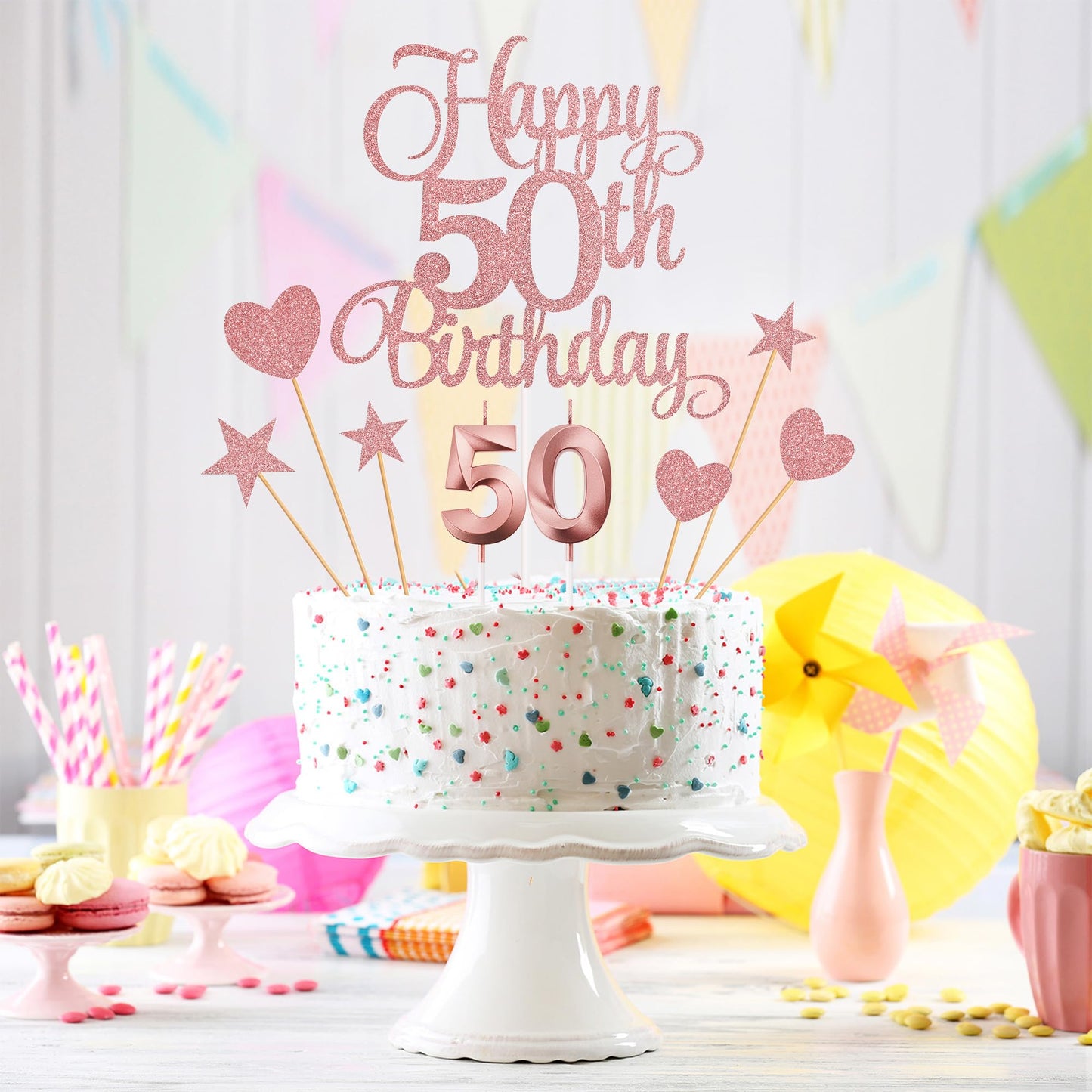 Lecferrarc 50th Birthday Cake Decorations – Glitter Rose Gold Toppers, Numeral Candles & Party Set