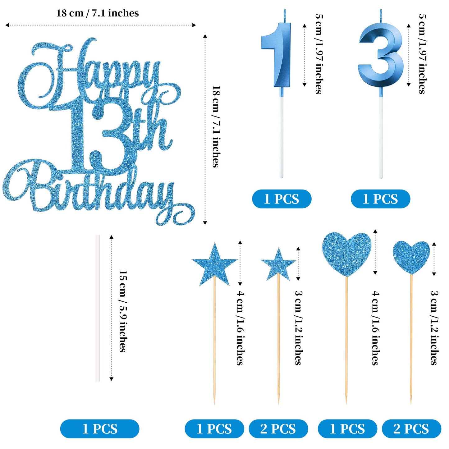 Lecferrarc 13th Birthday Cake Decorations – Glitter Topper Set with Numeral Candles (Blue)