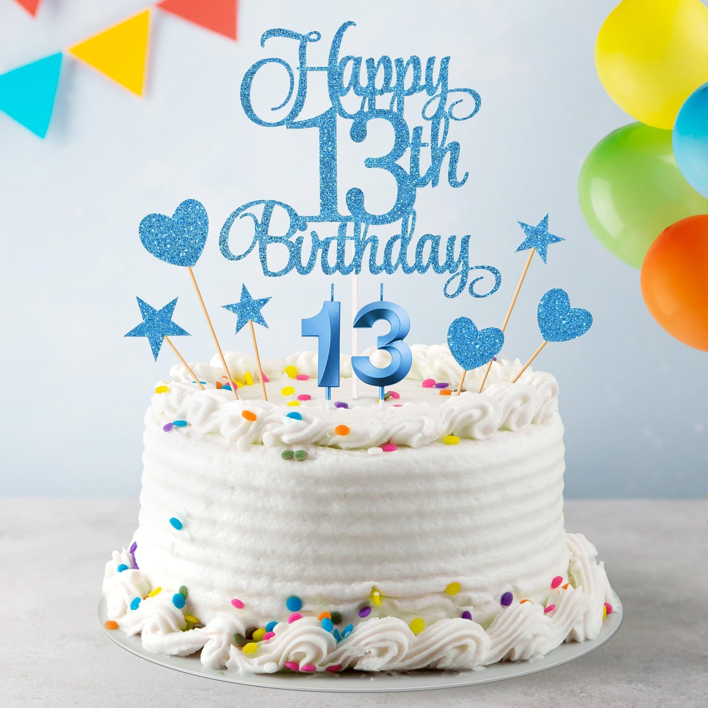 Lecferrarc 13th Birthday Cake Decorations – Glitter Topper Set with Numeral Candles (Blue)