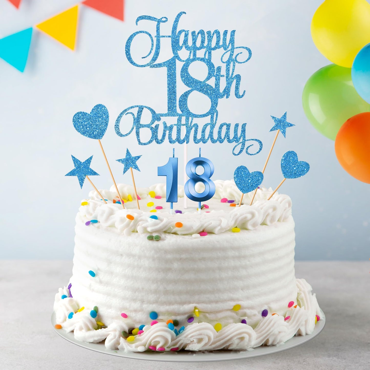 Lecferrarc 18th Birthday Cake Decorations – Glitter Candles & Toppers Set (Blue)