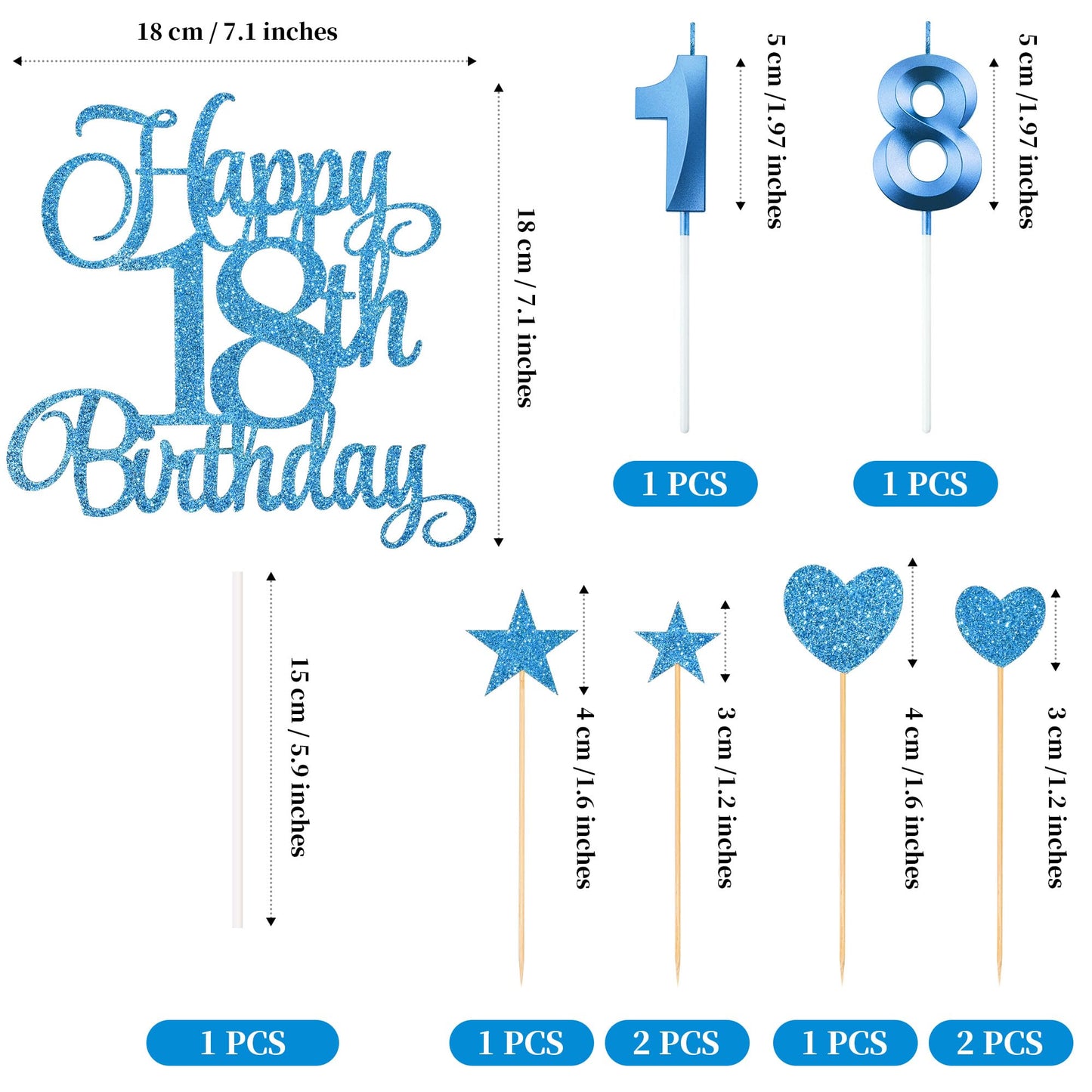 Lecferrarc 18th Birthday Cake Decorations – Glitter Candles & Toppers Set (Blue)