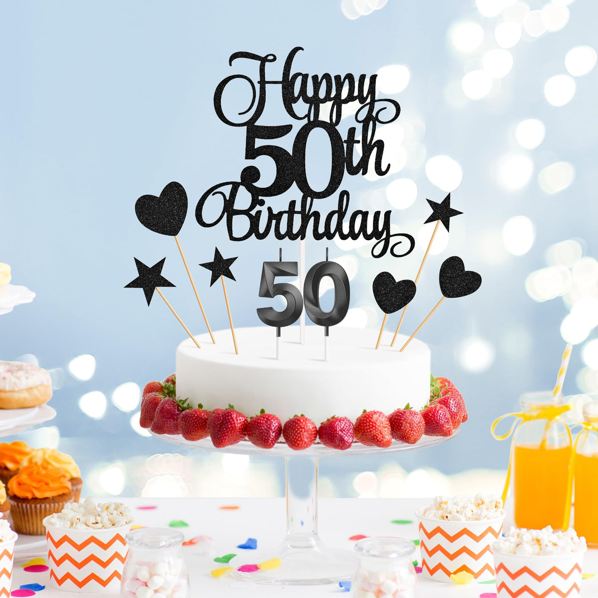 Lecferrarc 50th Birthday Cake Decorations Glitter Toppers and Numeral Candles Set Black