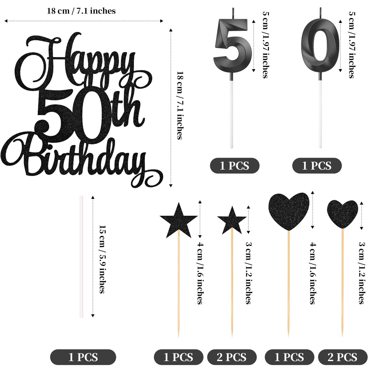 Lecferrarc 50th Birthday Cake Decorations Glitter Toppers and Numeral Candles Set Black
